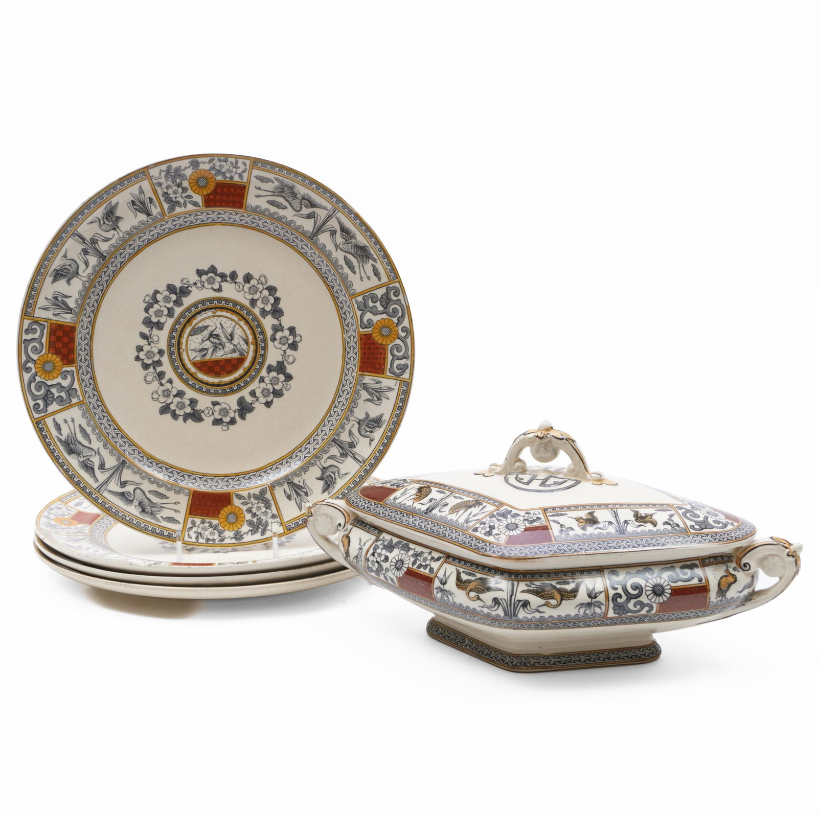 Bates, Gildea & Walker Transfer Printed and Enriched Vegetable Dish and Four Dinner Plates in the 'K: Bates, Gildea & Walker Transfer Printed and Enriched Vegetable Dish and Four Dinner Plates in the 'Kioto' Pattern Printed marks. The vegetable dish 6 x 12 3/4 x 7 1/2 in., the plates 10 3/4 in. diam.