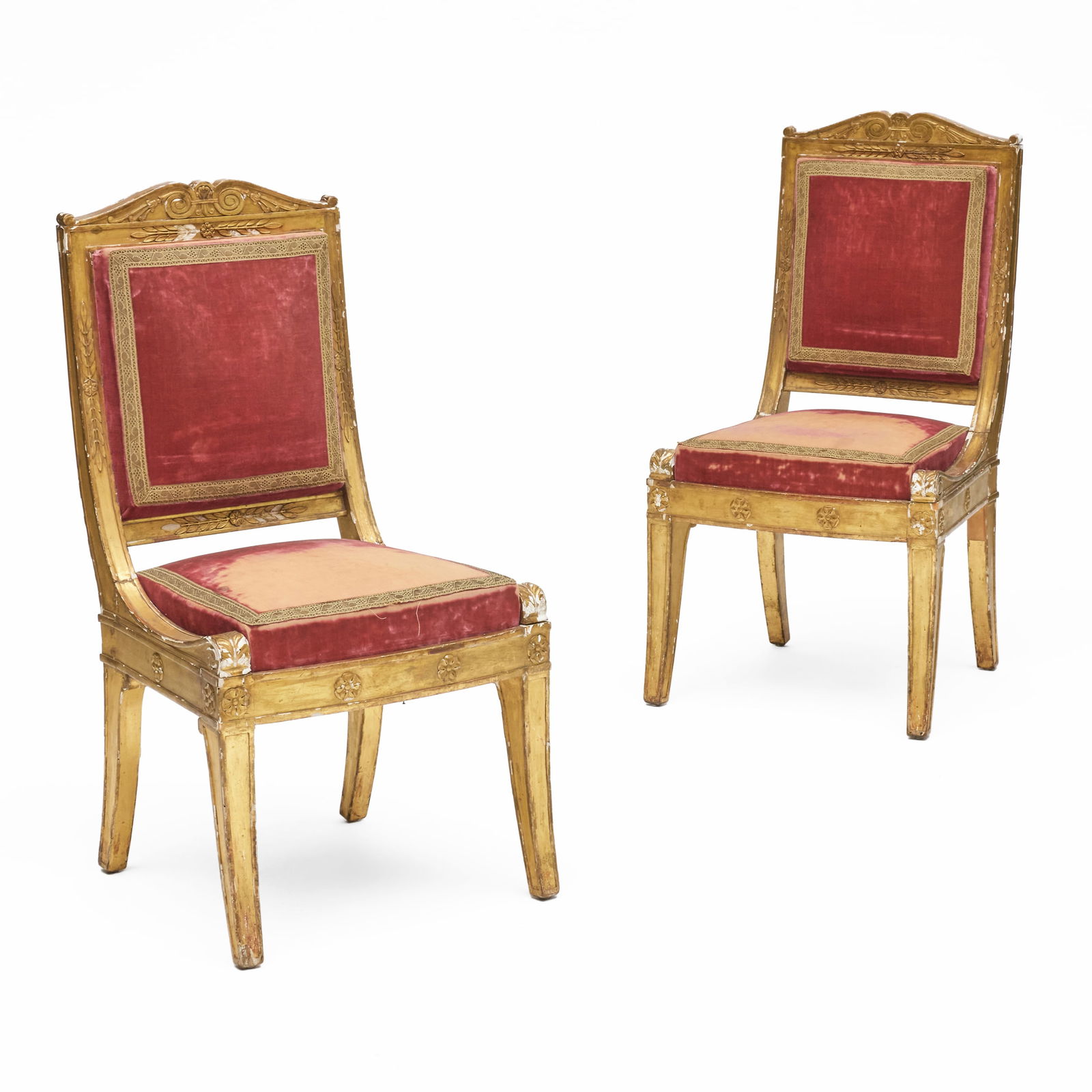 Pair of Empire Giltwood and Velvet Upholstered Chaises: Pair of Empire Giltwood and Velvet Upholstered Chaises With inventory numbers and tags on the reverse. 37 3/4 x 20 x 20 in., seat height 17 3/4 in. Deaccessioned by the Fine Arts Museums of San Franci