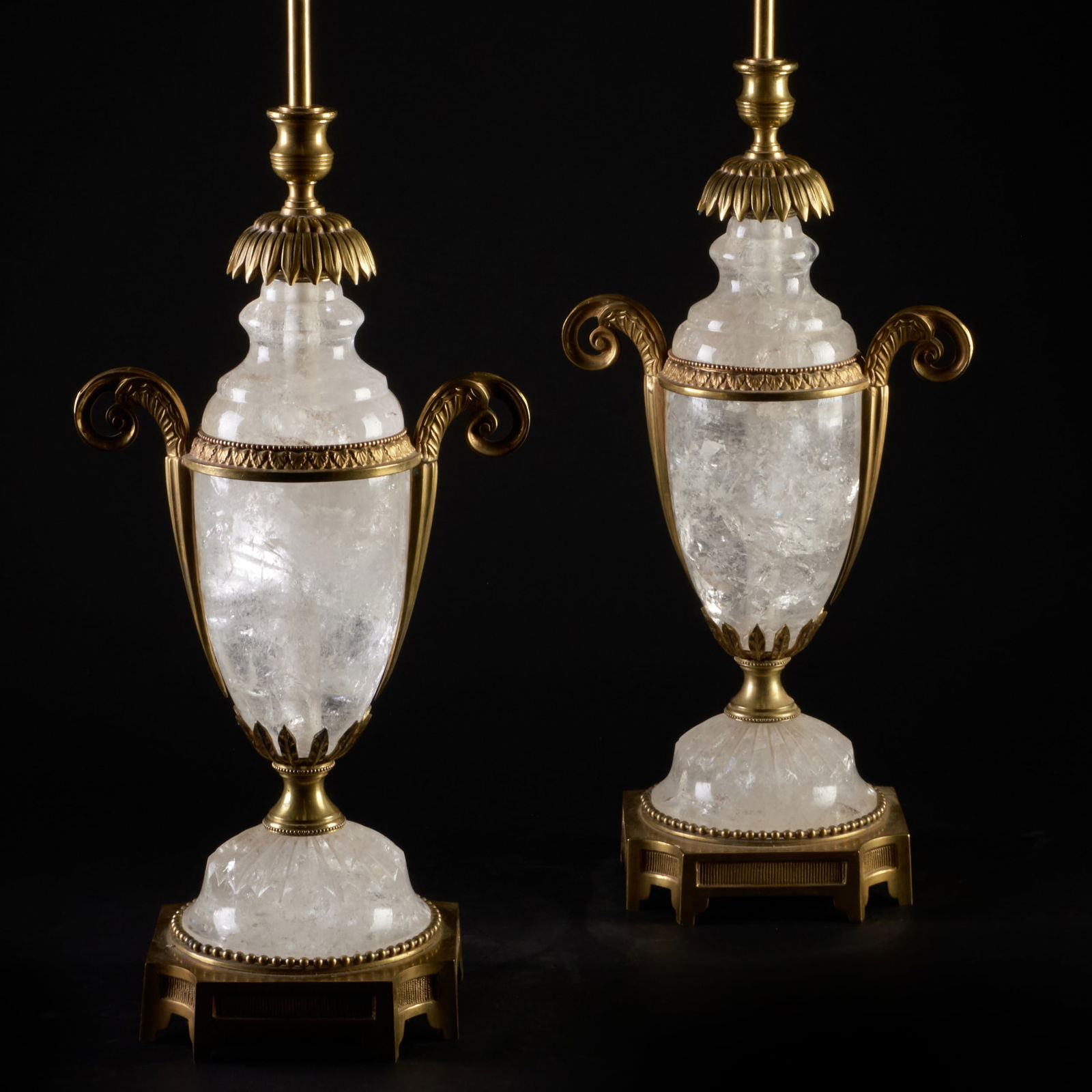 Pair of Gilt-Bronze-Mounted and Rock Crystal Two-Handled Vases Mounted as Lamps: Pair of Gilt-Bronze-Mounted and Rock Crystal Two-Handled Vases Mounted as Lamps 35 3/4 x 11 x 7 1/4 in.