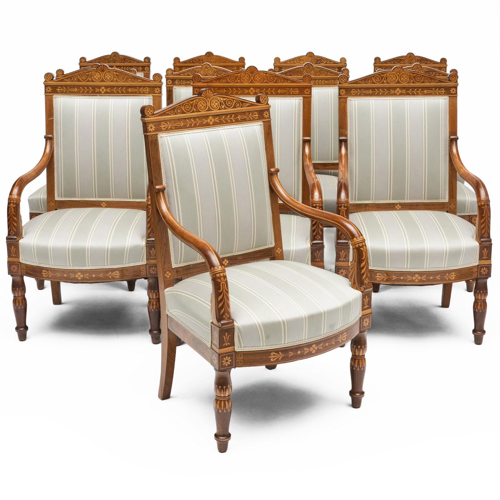 Fine Suite of Twelve Charles X Rosewood and Fruitwood Marquetry Dining Chairs: Fine Suite of Twelve Charles X Rosewood and Fruitwood Marquetry Dining Chairs Comprising: Eight Fauteuils a la Reine, 41 x 23 1/4 x 23 1/2 in. Seat height 17 in. Four Chaises a la Reine, 39 x 19 1/4 x