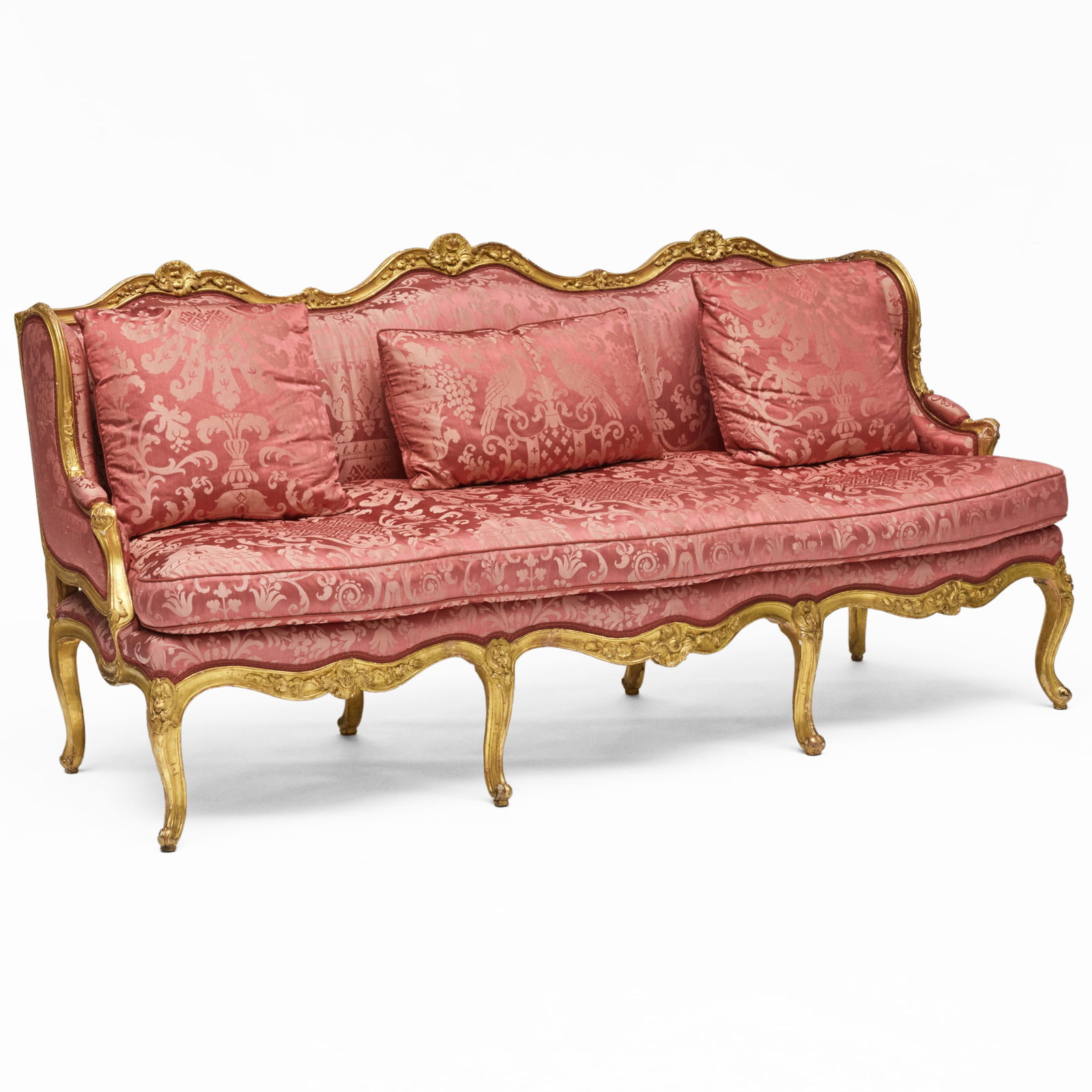 Fine Louis XV Giltwood Canape: Fine Louis XV Giltwood Canape With three matching pillows. 40 1/4 x 7 ft. 3 x 36 1/2 in. Seat height 20 in. By repute Chinese Porcelain Company, New York. A New York Interior Designed by Robert Coutur