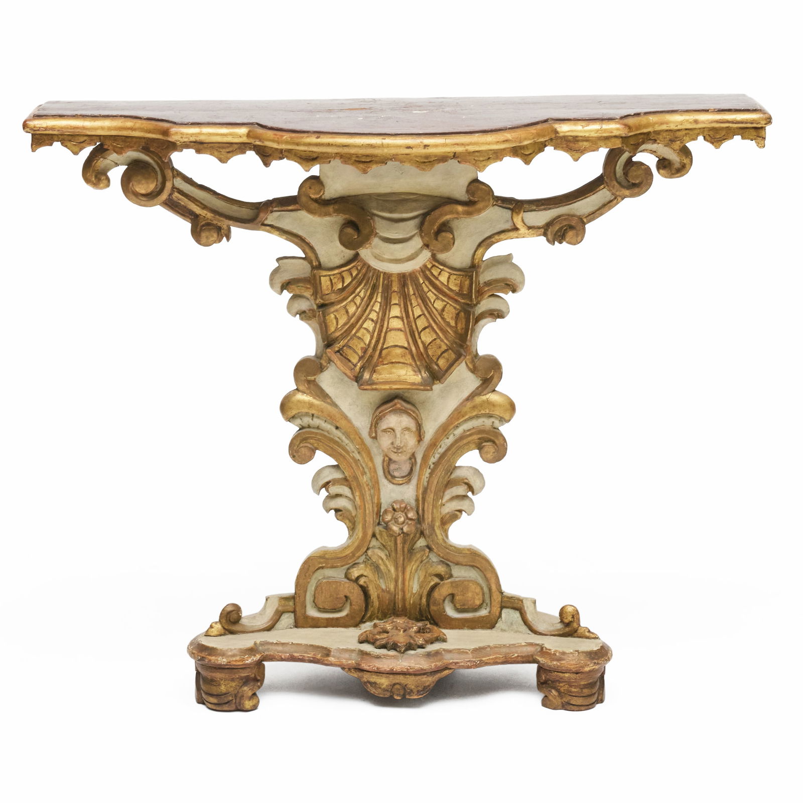 Italian Cream Painted and Parcel-Gilt Console Table with a Faux Porphyry Top: Italian Cream Painted and Parcel-Gilt Console Table with a Faux Porphyry Top 35 1/2 x 44 1/2 x 15 in. A New York Interior Designed by Robert Couturier.