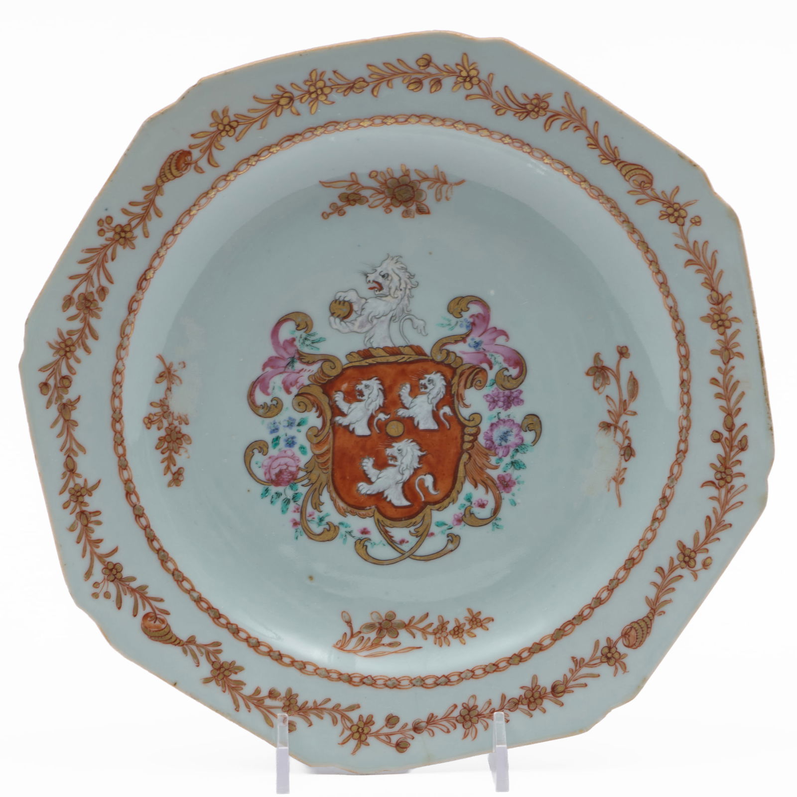 Chinese Export Porcelain Octagonal Plate with Arms of the Bennett Family (1 of 3)