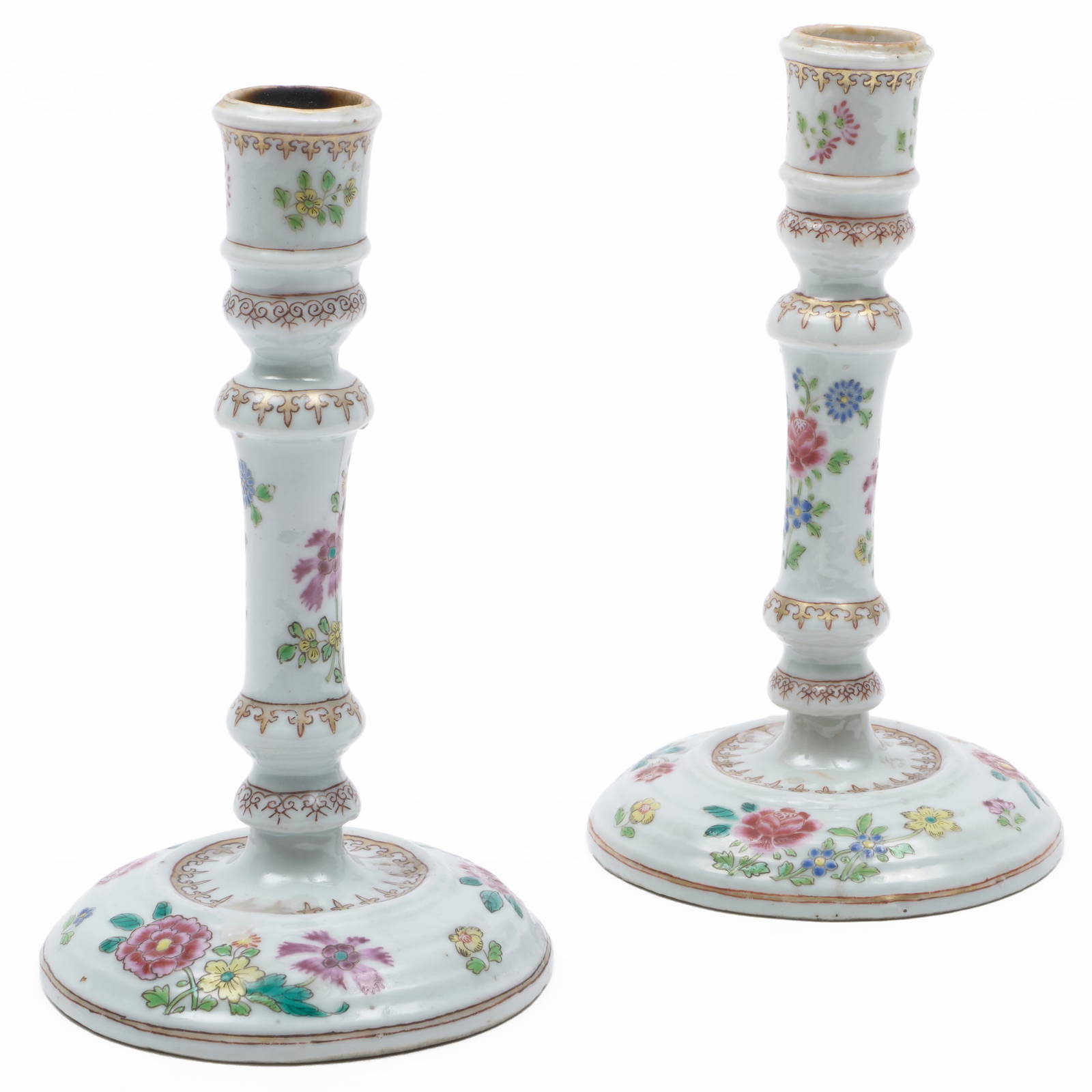 Pair of Chinese Export Famille Rose Porcelain Candlesticks