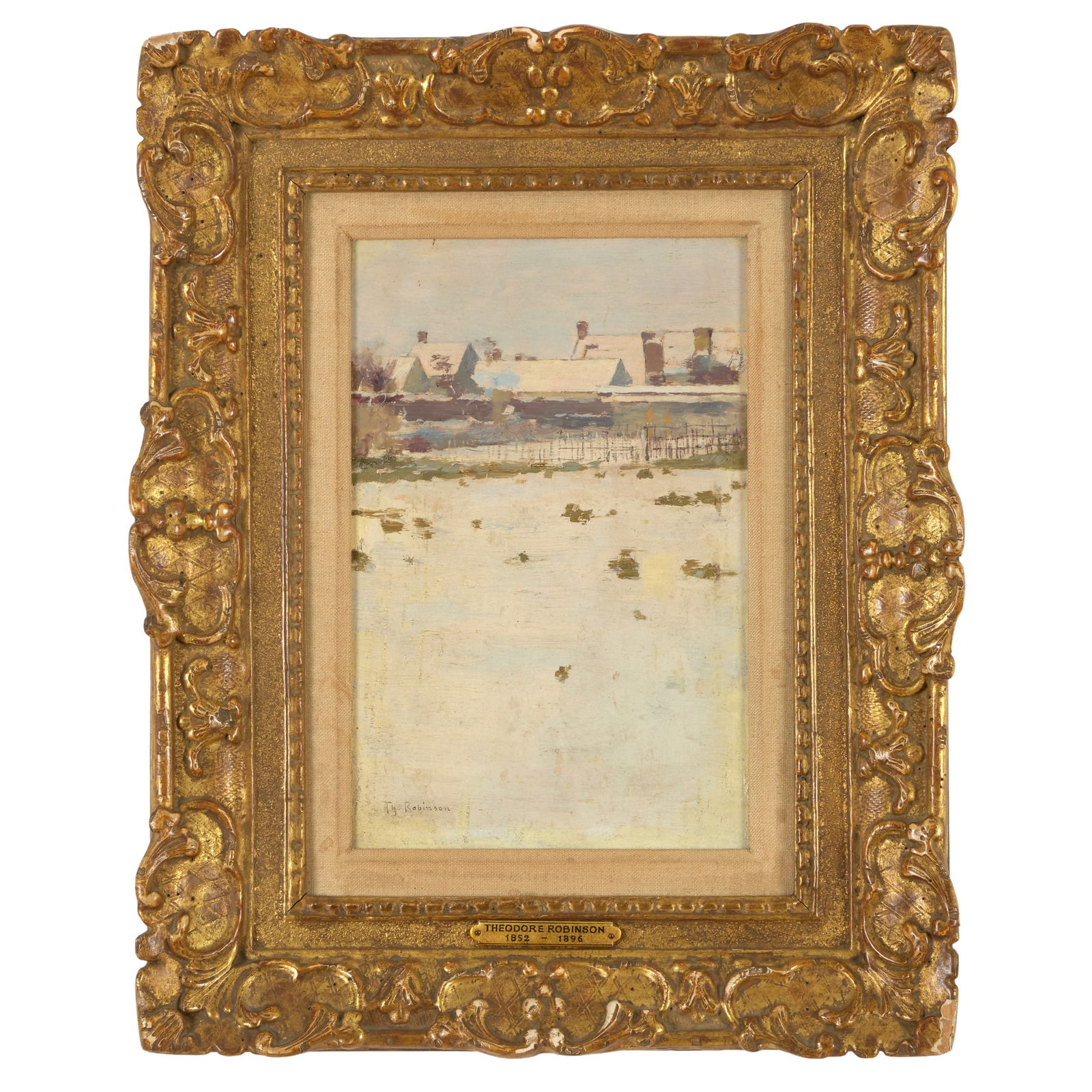 Theodore Robinson (1852-1896): Winter Afternoon-Barbizon: Theodore Robinson (1852-1896): Winter Afternoon-Barbizon Oil on panel, c. 1886, signed 'Th Robinson' lower left, titled and inscribed 'No.3' on the reverse. 10 1/2 x 7 in., 17 x 13 1/2