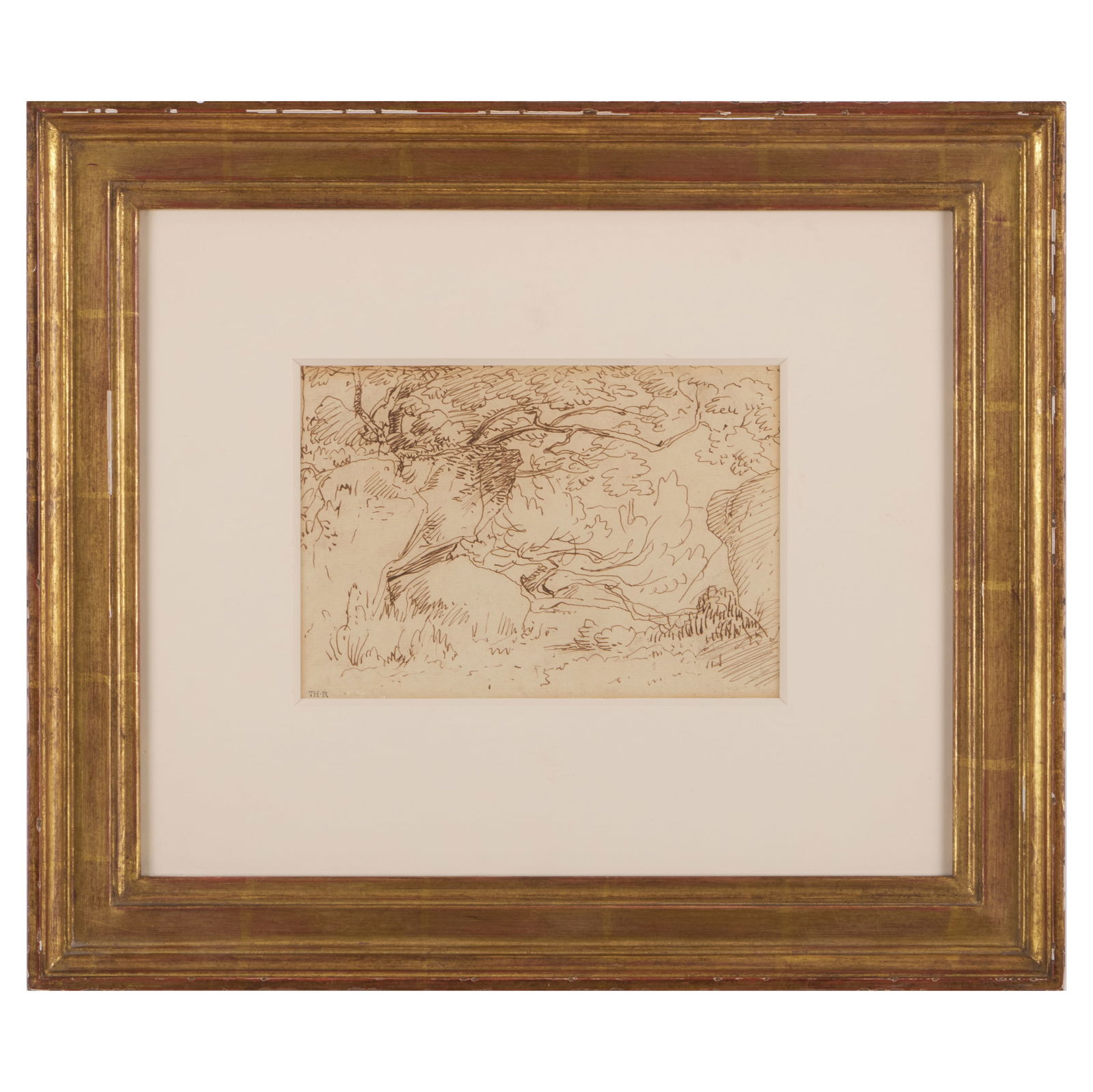 Theodore Rousseau (1812-1867): Trees, Rocks in the Forest of Fontainebleau: Theodore Rousseau (1812-1867): Trees, Rocks in the Forest of Fontainebleau Ink on paper, c. 1860, with the artist's estate stamp (L. 2436), with label from Jill Newhouse, NY. 5 x 8 1/4 in. (sheet)