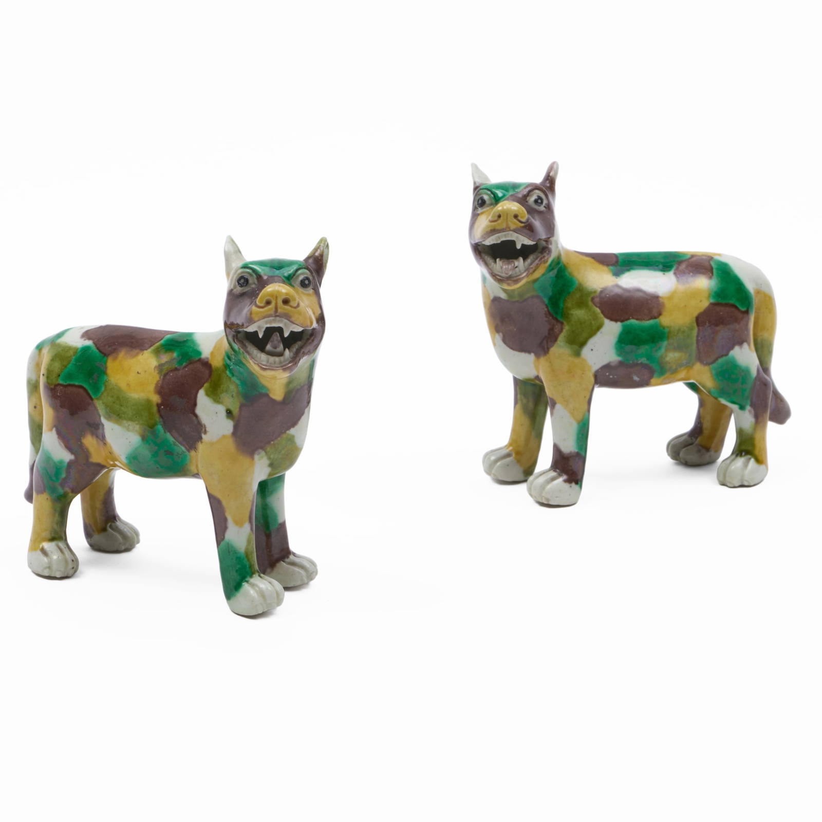 Pair of Chinese Export Sancai Glazed Porcelain Figures of Dogs