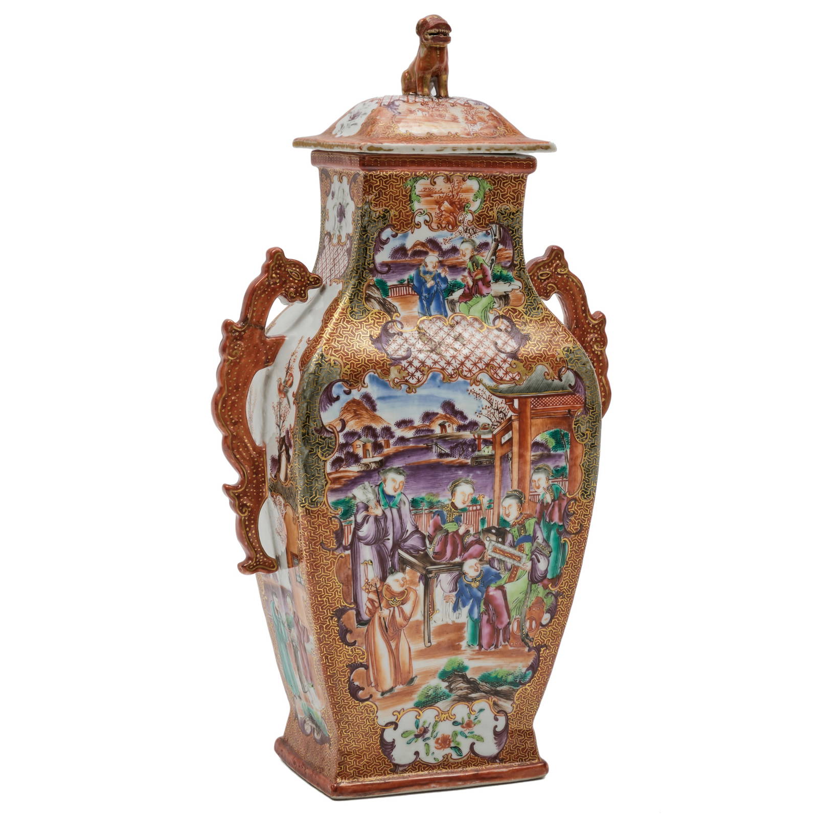 Chinese Export Mandarin Palette Porcelain Faceted Baluster Vase and Cover