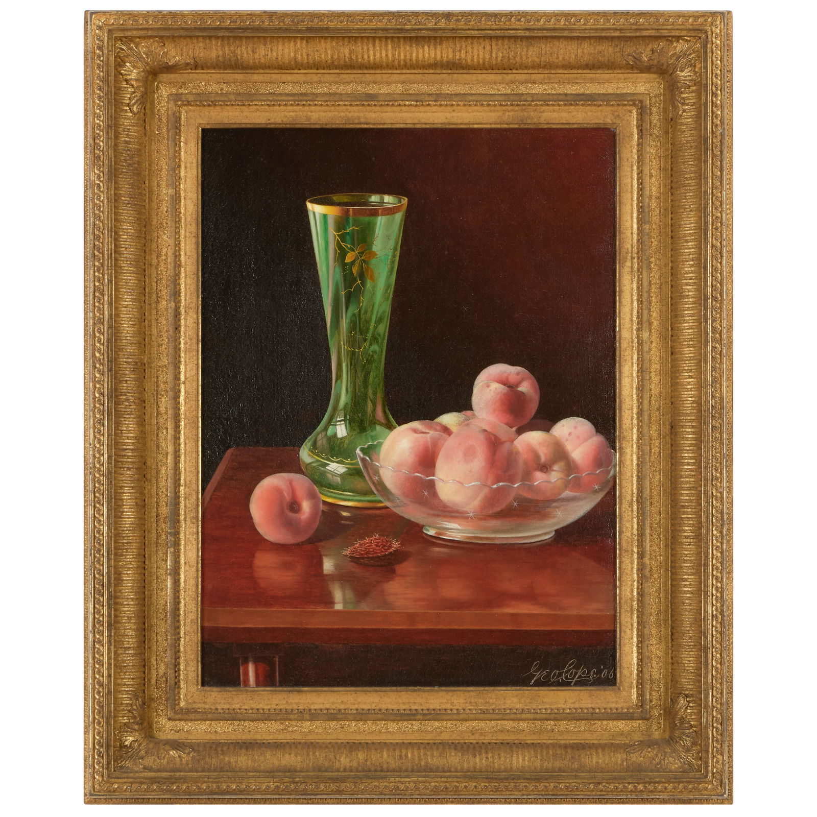 George Cope (1855-1929): Still Life with Vase and Peaches: George Cope (1855-1929): Still Life with Vase and Peaches Oil on canvas, 1906, signed 'Geo Cope' and dated lower right, with label from Schwarz, Philadelphia, lined. 16 1/2 x 12 in., 22 1/2 x