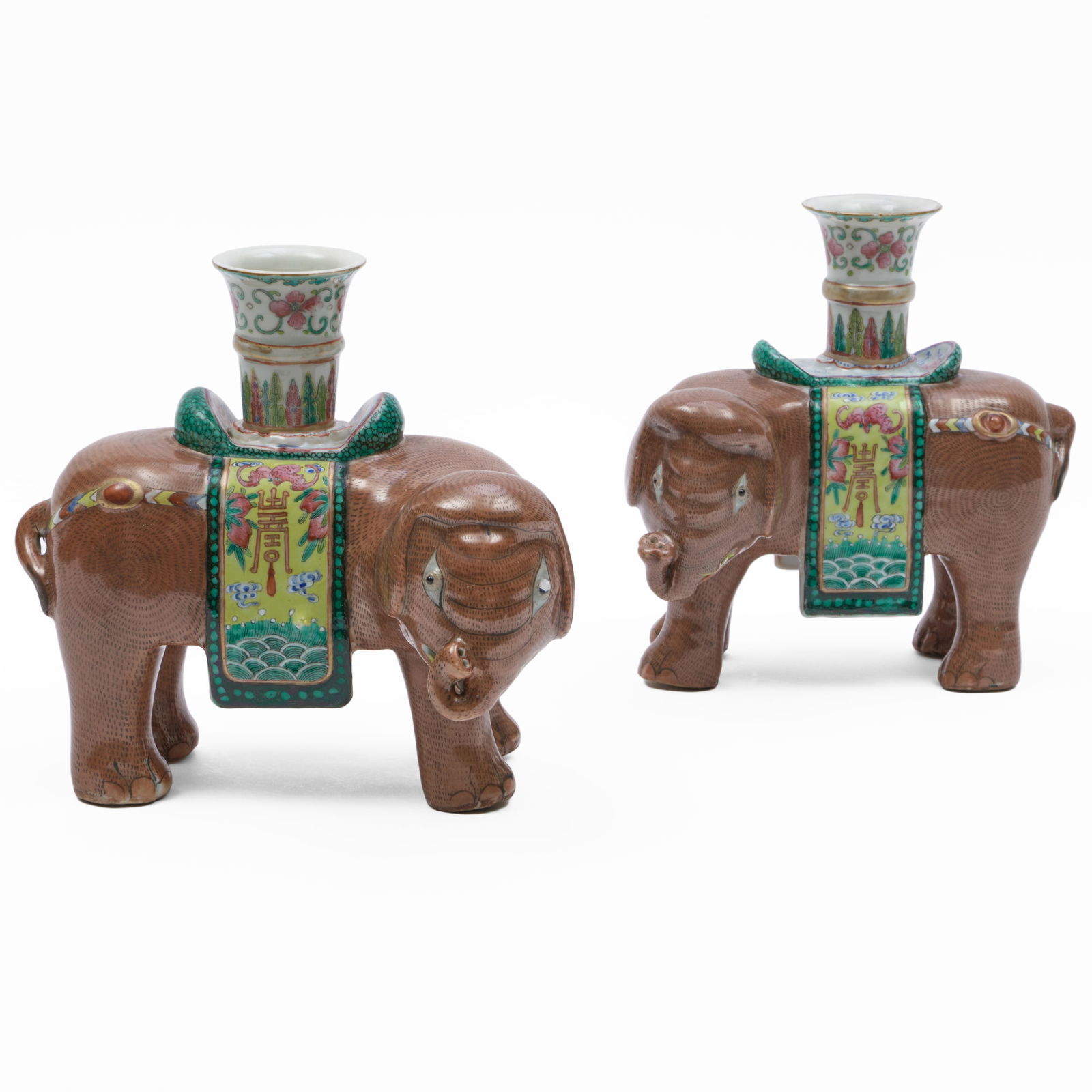 Pair of Chinese Export Famille Rose Porcelain Elephant Candlesticks (1 of 10)