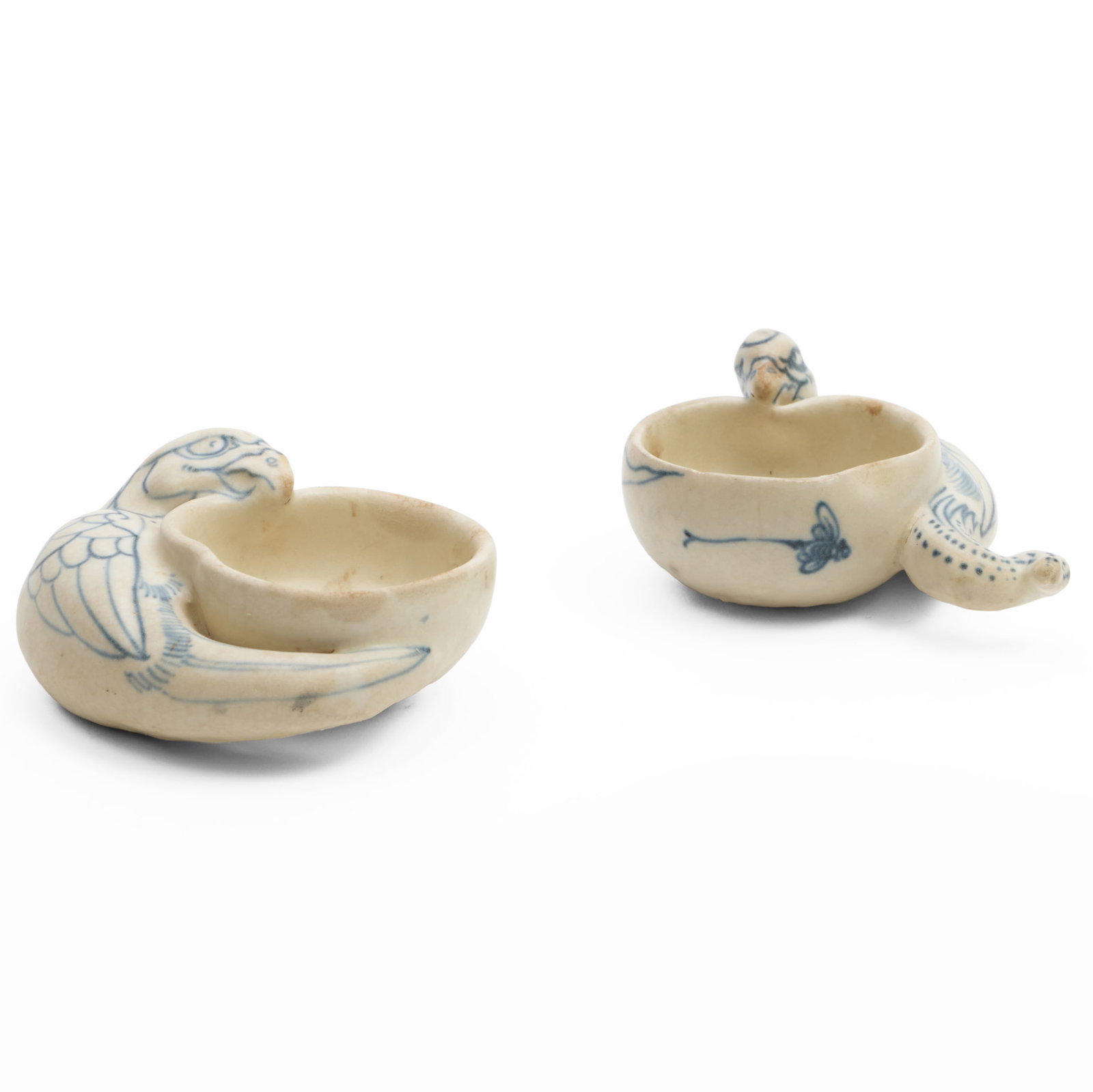 Two Hoi An Hoard Vietnamese Porcelain Bird Form Brush Washers: Two Hoi An Hoard Vietnamese Porcelain Bird Form Brush Washers Unmarked. 1 1/4 x 3 3/4 x 3 1/8 in. Crane Gallery, Seattle, WA.