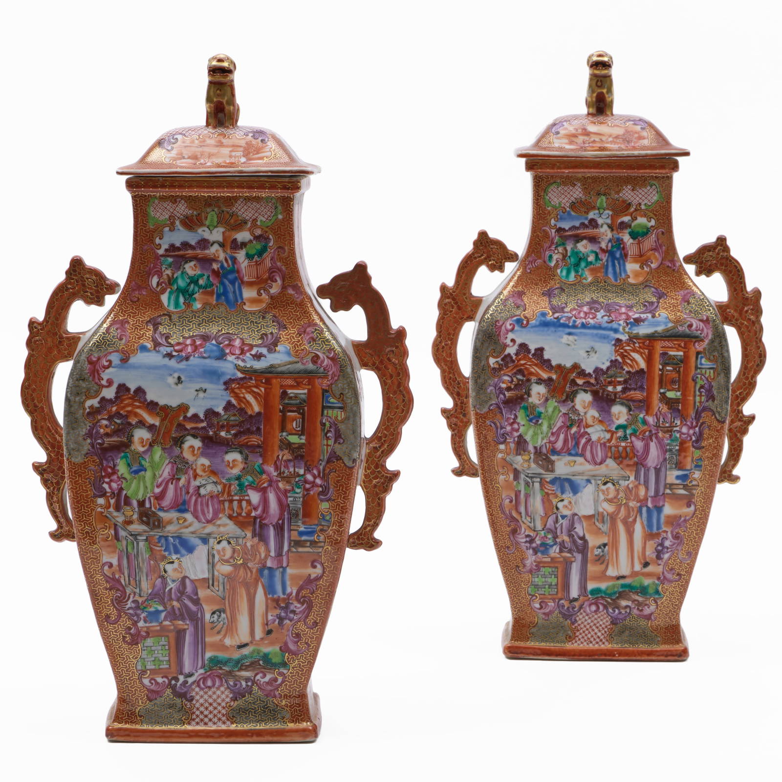 Pair of Chinese Export Mandarin Palette Porcelain Faceted Baluster Vases and Covers