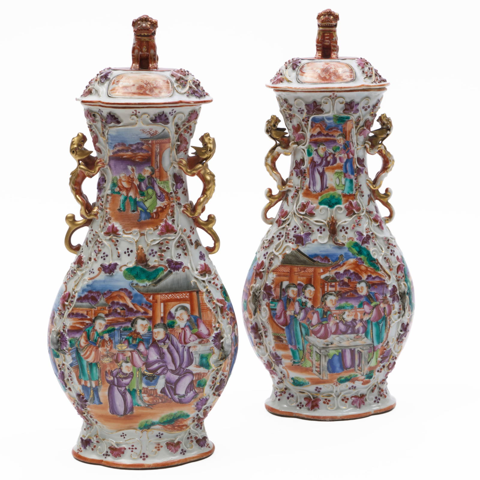 Pair of Chinese Export Mandarin Palette Porcelain Baluster Vases and Covers