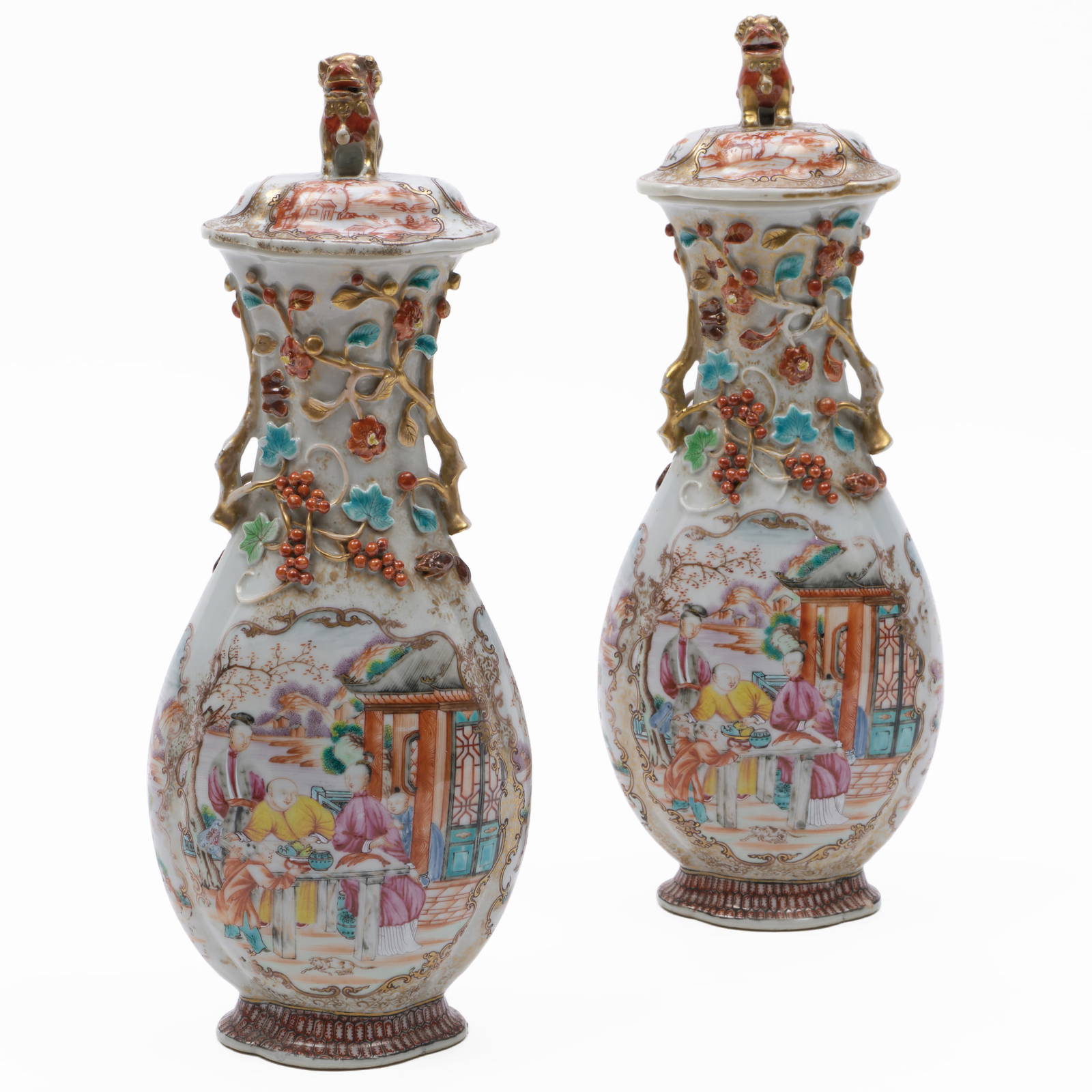 Pair of Chinese Export Famille Rose Porcelain Vases and Covers