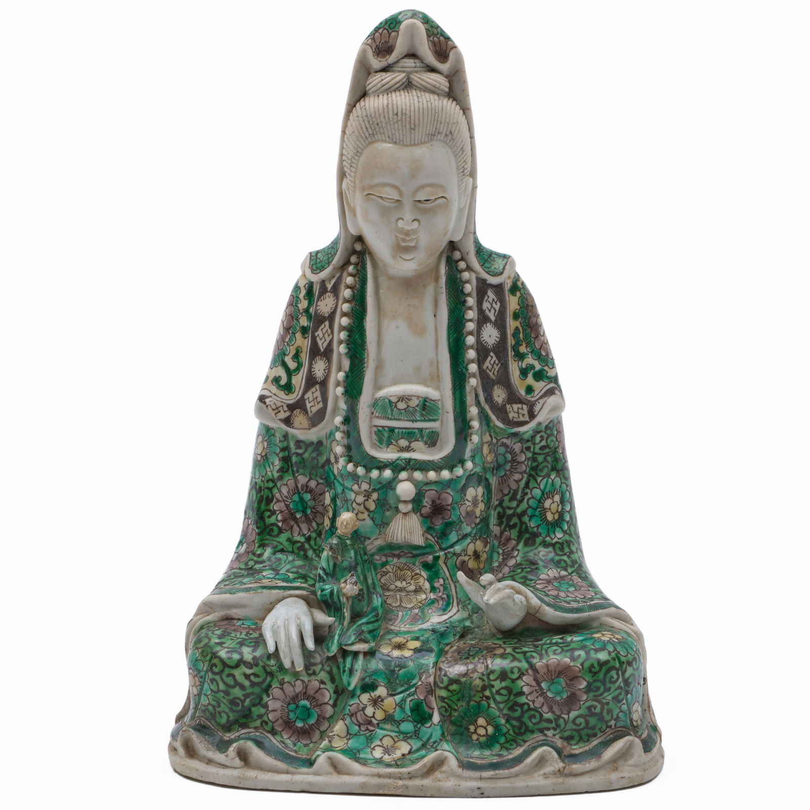 Chinese Famille Verte Porcelain Figure of Guanyin: Chinese Famille Verte Porcelain Figure of Guanyin Unmarked. 9 3/4 x 6 1/4 x 4 1/2 in. HydeParkAntiquesatSTAIR