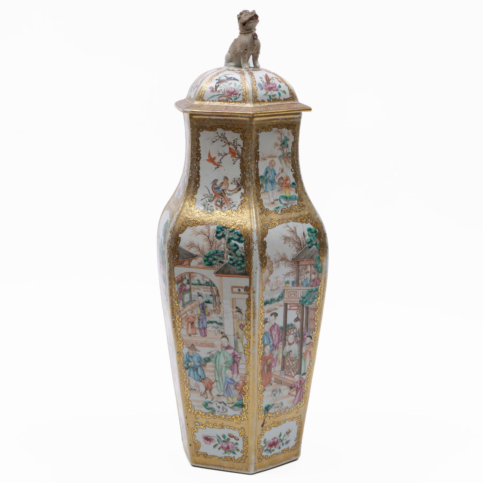 Chinese Export Famille Rose Porcelain Faceted Baluster Vase and Cover