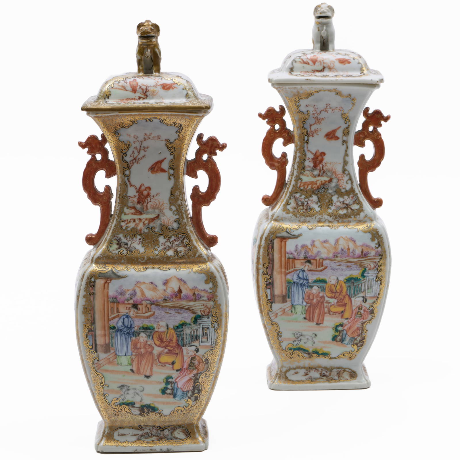 Pair of Chinese Export Famille Rose Porcelain Faceted Baluster Vases and Covers