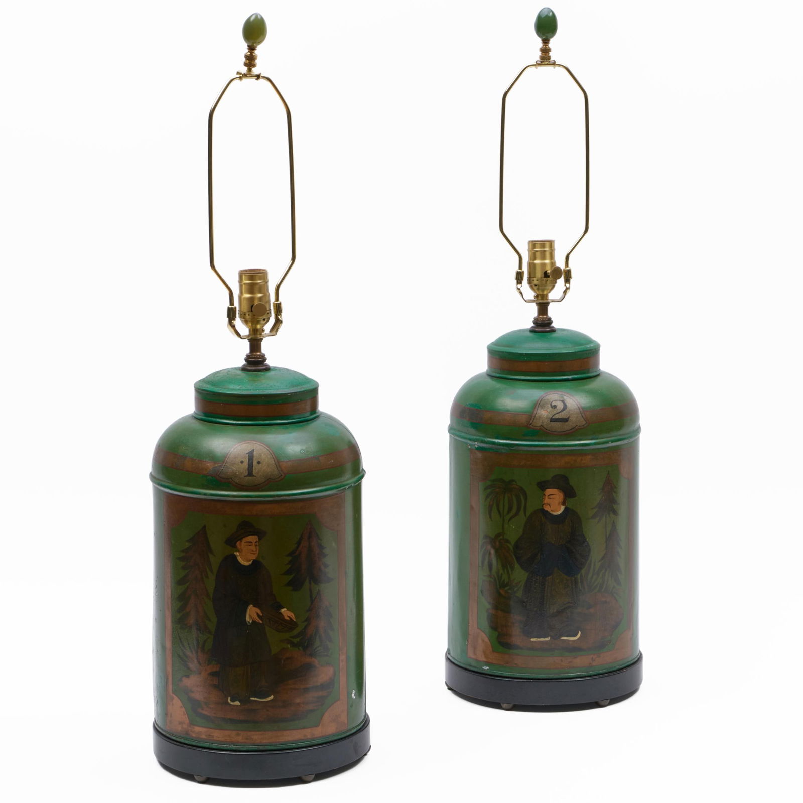 Pair of English Green Tole Tea Canister Lamps (1 of 6)