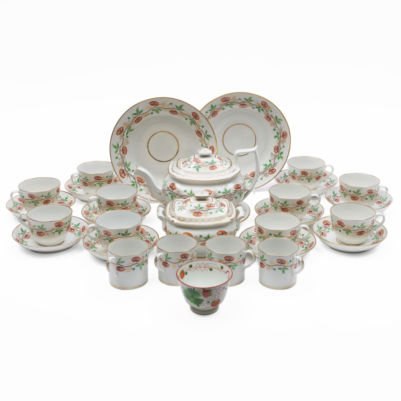 English Porcelain Part Tea Service Decorated with Poppies: English Porcelain Part Tea Service Decorated with Poppies Unmarked. Comprising: A teapot and cover A sugar bowl, cover and stand Ten tea cups and ten saucers Four coffee cans Two dessert plates Toget