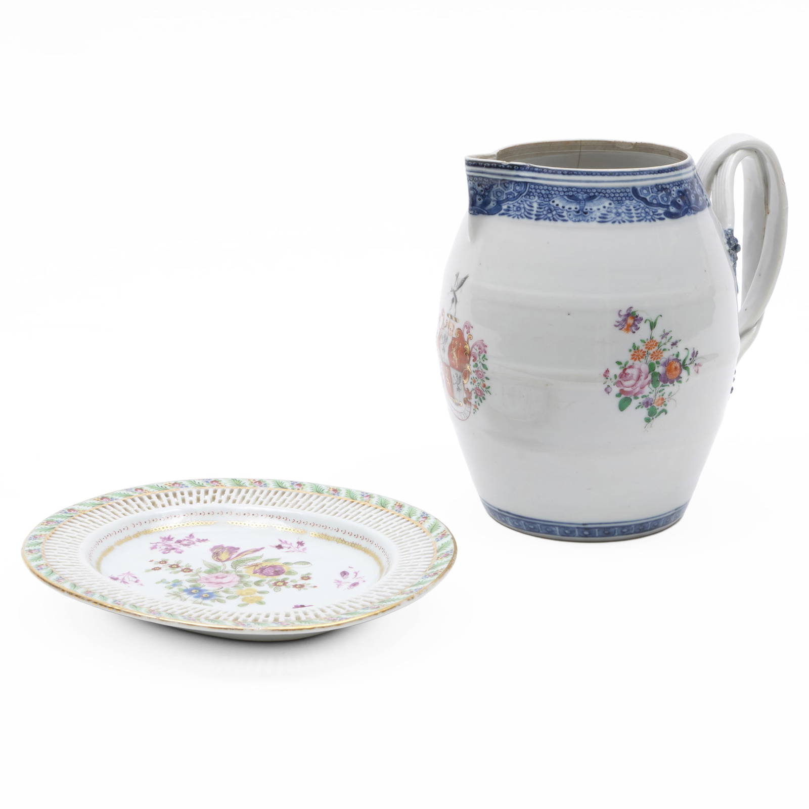 Chinese Export Famille Rose Large Armorial Porcelain Pitcher and a Reticulated Stand