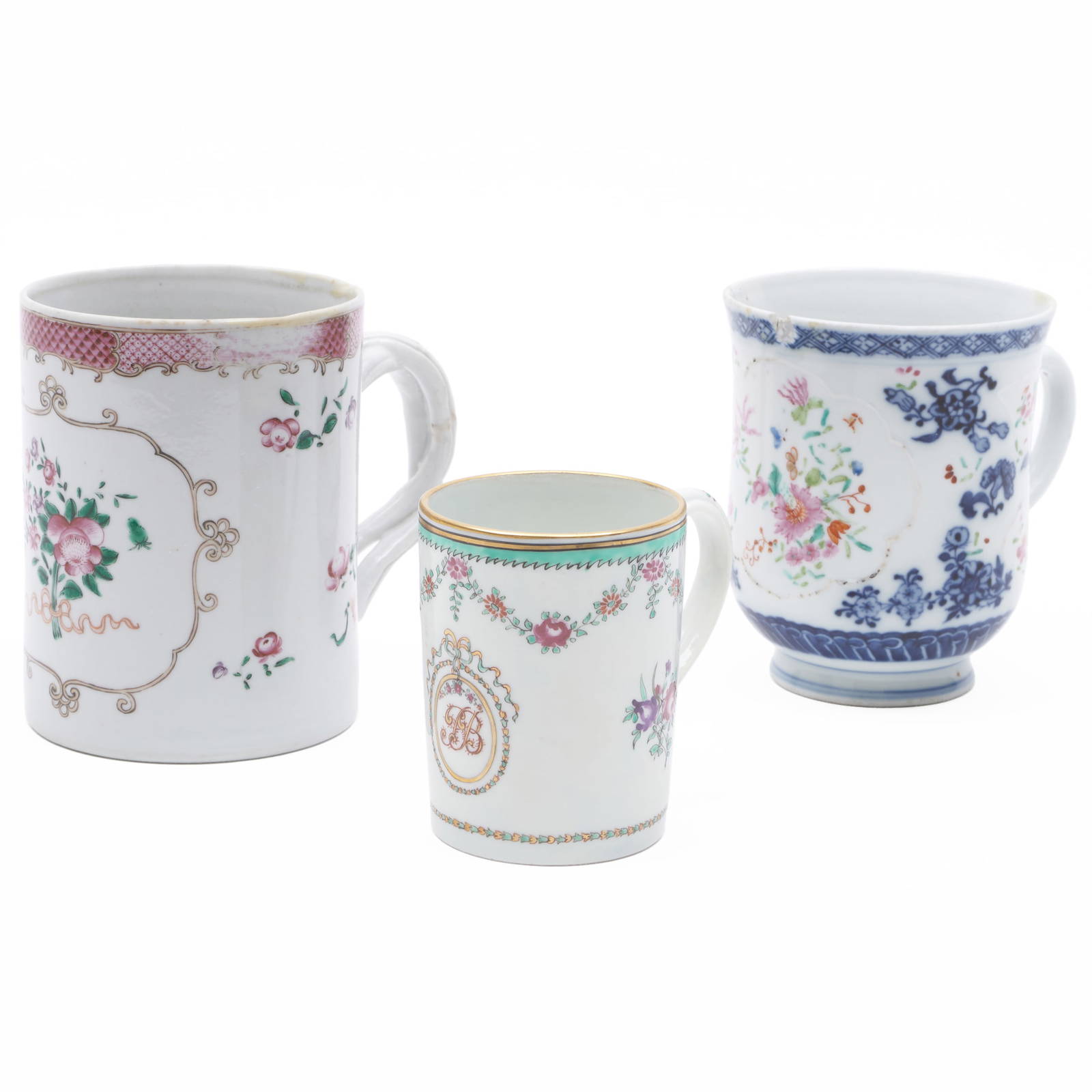 Two Chinese Export Famille Rose Porcelain Mugs and a Tall Coffee Can