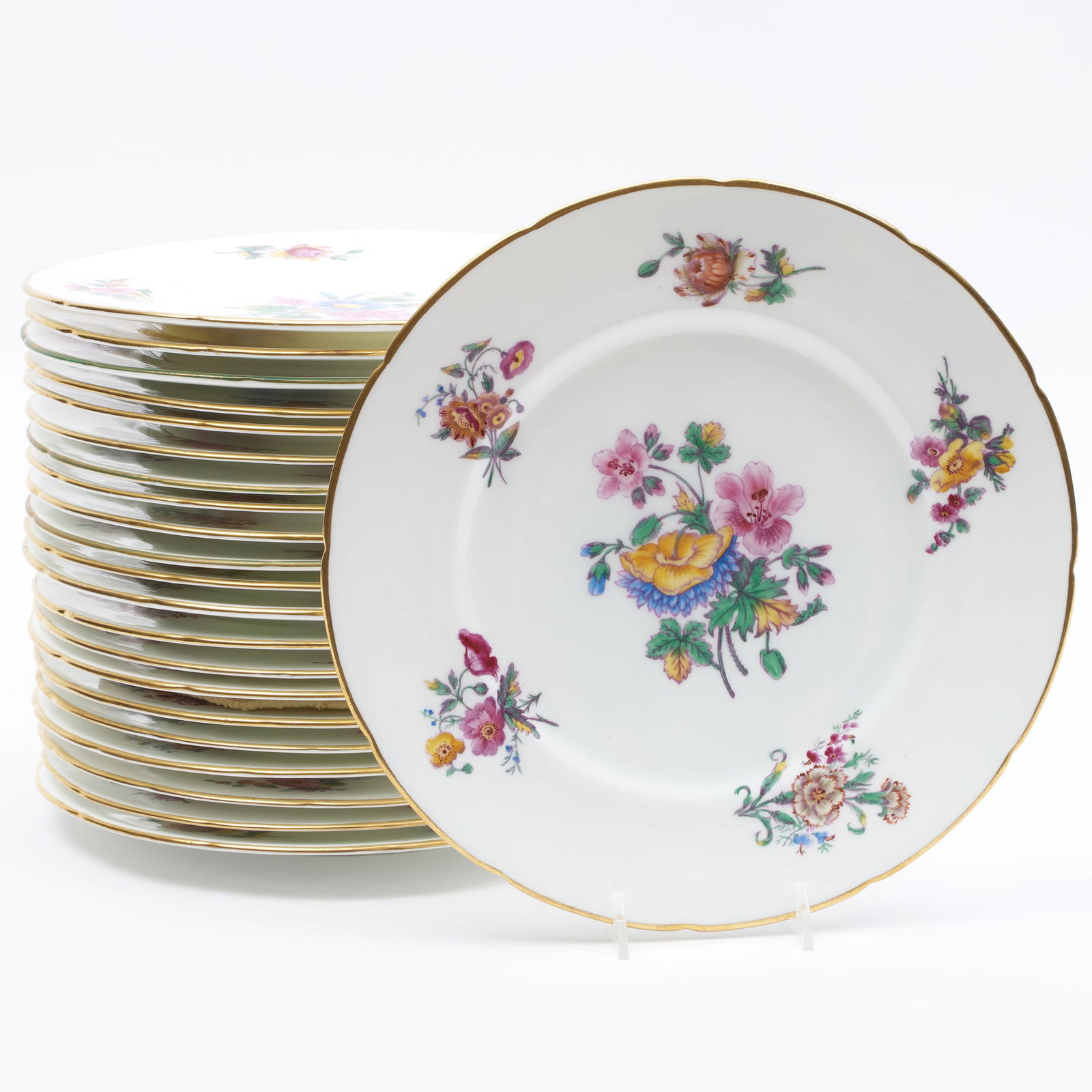 Set of Twenty-Two Coalport Porcelain Gilt Rim Dinner Plates: Set of Twenty-Two Coalport Porcelain Gilt Rim Dinner Plates Puce and green printed marks and retailer's marks. 10 5/8 in. diam. Property from Mr. and Mrs. Dunbar W. Bostwick of Shelburne, VT, New York