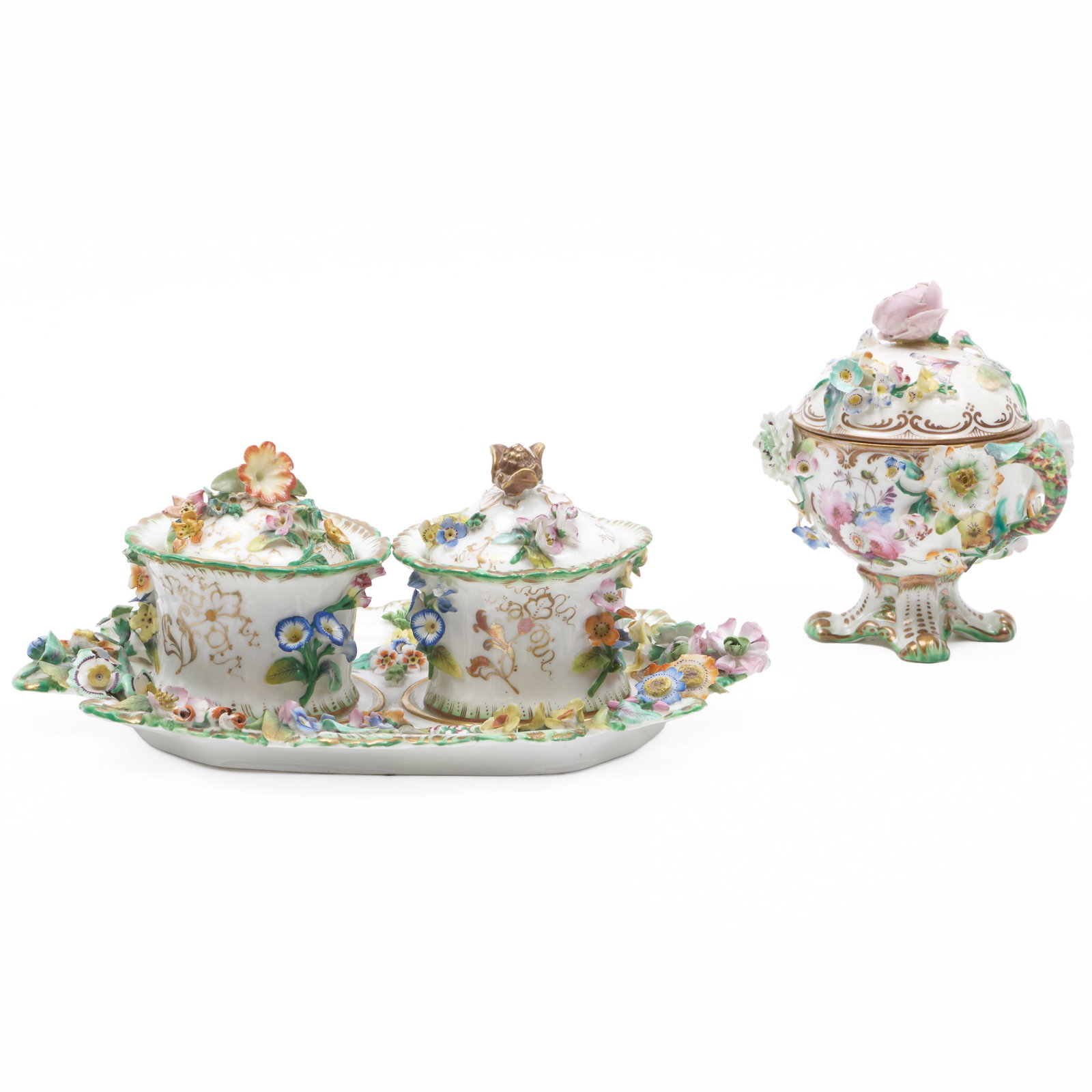 English Flower Encrusted Box and Cover and an Inkstand, Probably Coalbrookdale: English Flower Encrusted Box and Cover and an Inkstand, Probably Coalbrookdale Unmarked. The box and cover 4 1/2 x 4 1/2 x 3 1/4 in., the inkstand 3 1/4 x 8 1/2 x 6 in. Property from Mr. and Mrs. Dunb