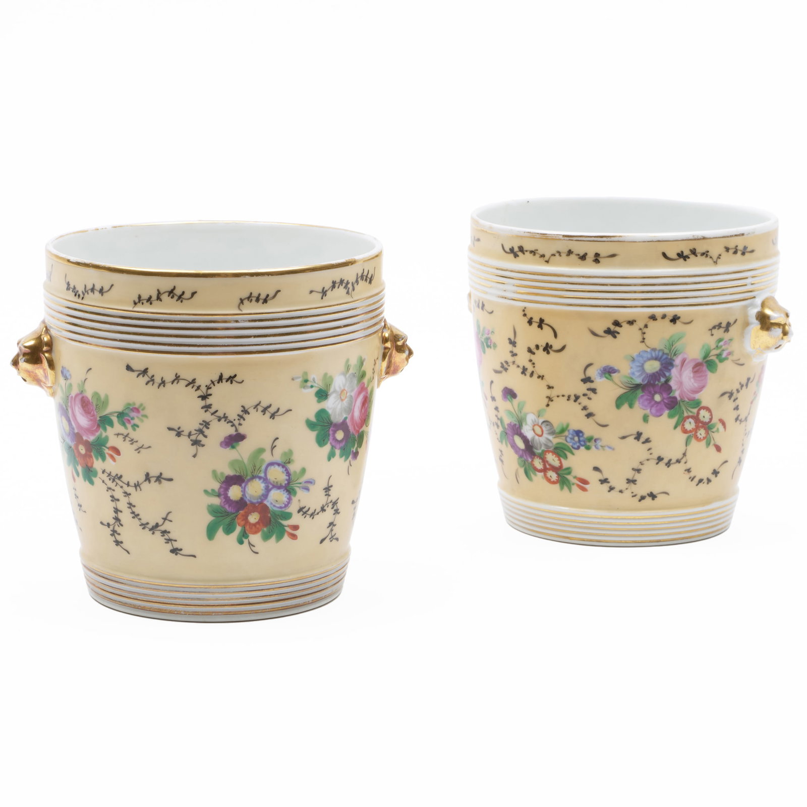 Pair of Paris Porcelain Jardinieres: Pair of Paris Porcelain Jardinieres Incised mark. 6 x 5 5/8 in. diam. Property from Mr. and Mrs. Dunbar W. Bostwick of Shelburne, VT, New York, NY, and Aiken, SC, by descent.