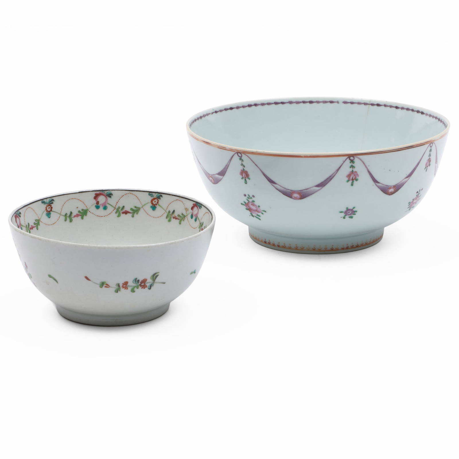 A Chinese Export Famille Rose Porcelain Punch Bowl and an English Flower Decorated Bowl