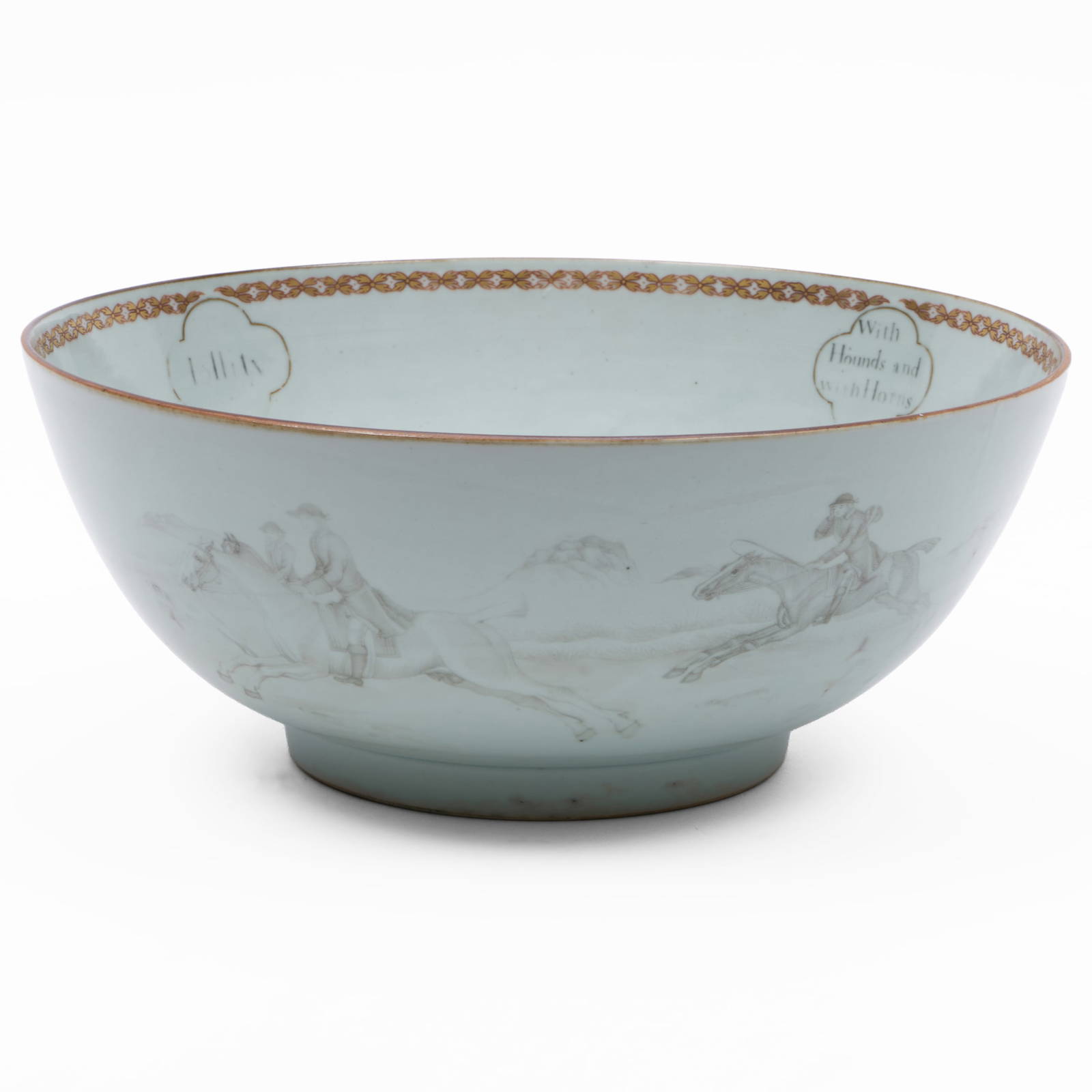 Chinese Export Porcelain Punch Bowl with Fox Hunting Scene