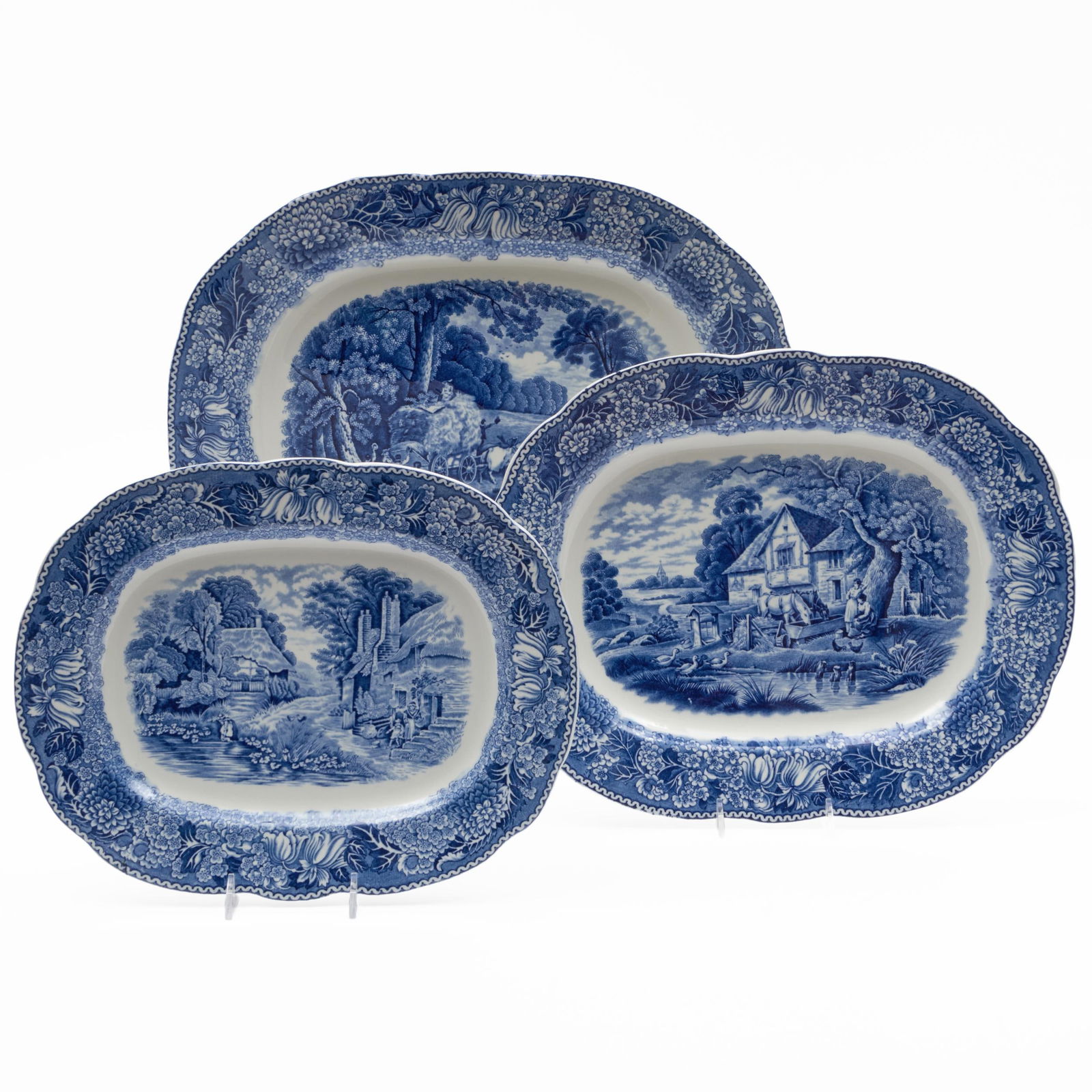 Set of Three Adams Blue and White 'English Countryside' Transfer Printed Platters (1 of 9)
