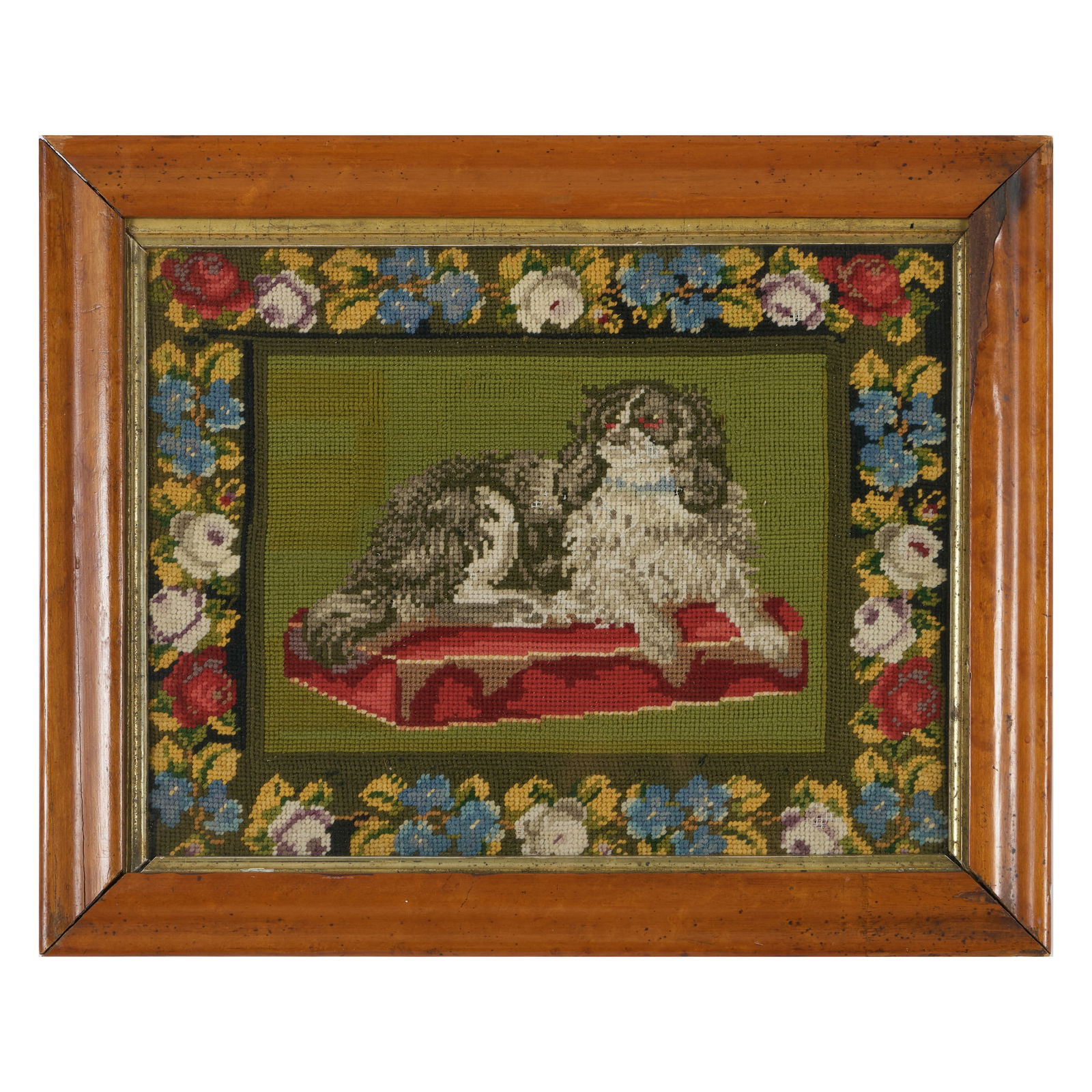Needlework of Spaniel on a Pillow: Needlework of Spaniel on a Pillow 14 x 17 in., frame. Property from Mr. and Mrs. Dunbar W. Bostwick of Shelburne, VT, New York, NY, and Aiken, SC, by descent.
