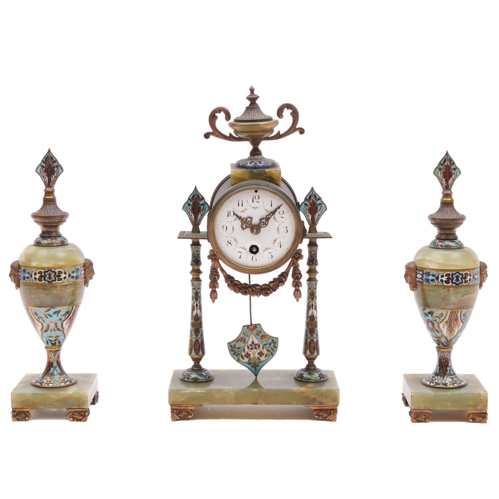 French Brass Mounted Champleve Enamel Three-Piece Clock Garniture (1 of 15)