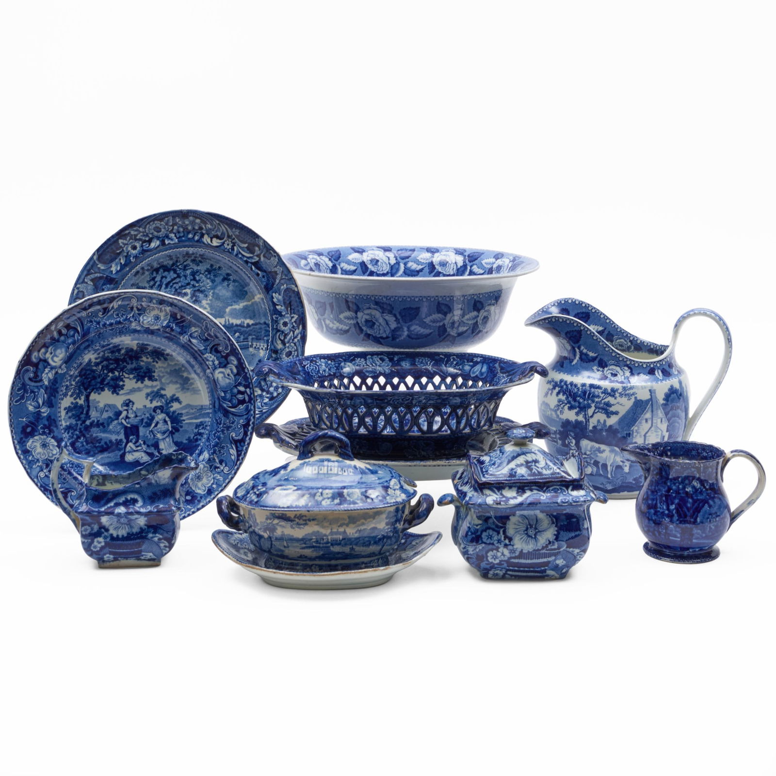 Assembled Group of English Blue and White Transfer Printed Wares: Assembled Group of English Blue and White Transfer Printed Wares Comprising: A dinner plate with view of 'Fair Mount near Philadelphia', blue printed mark A large tureen and cover with view of 'The Re