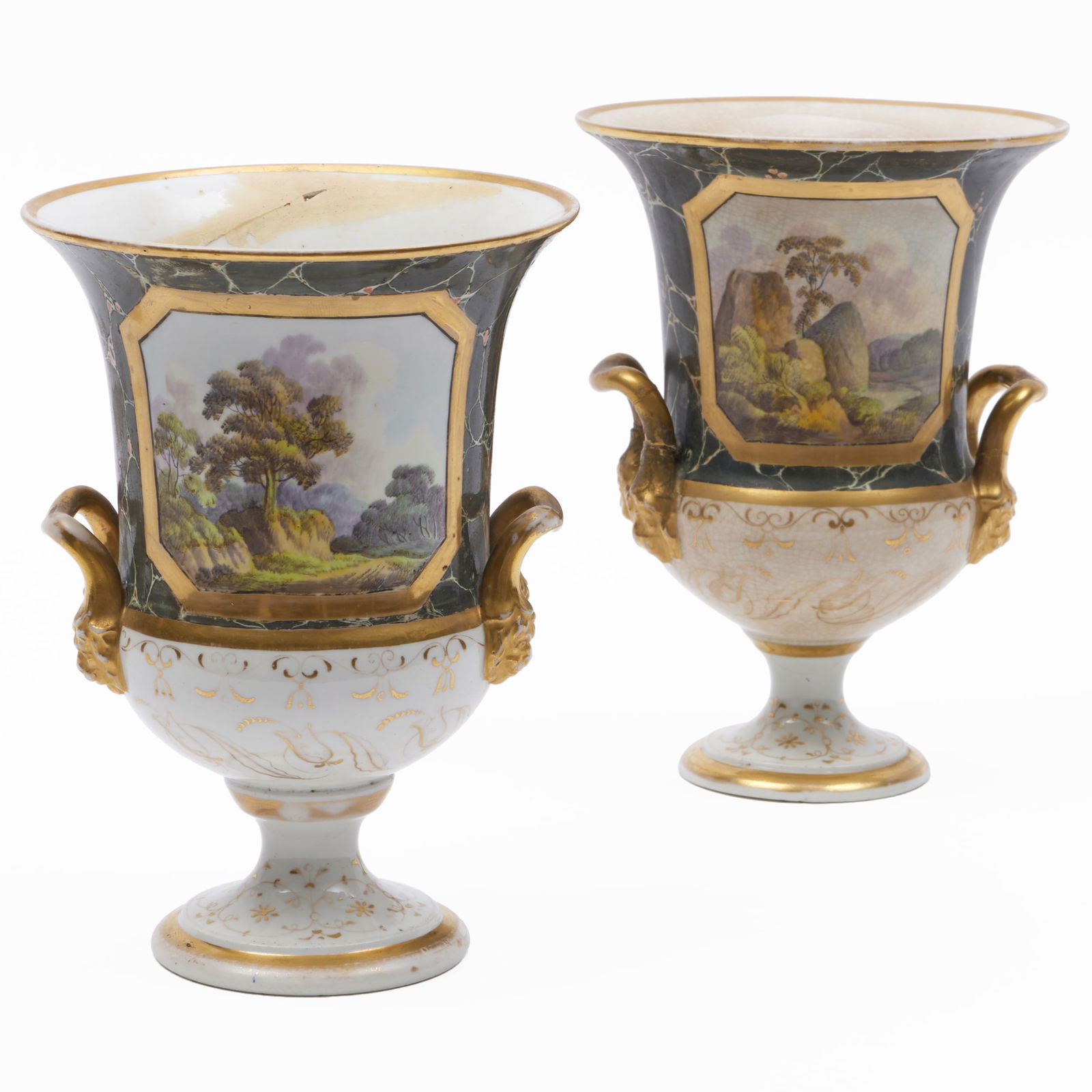 Pair of English Porcelain Urns with Landscapes: Pair of English Porcelain Urns with Landscapes Unmarked. 8 1/2 x 6 1/4 in. diam. The Collection of James M. Labaugh Antiques, Pound Ridge, NY.