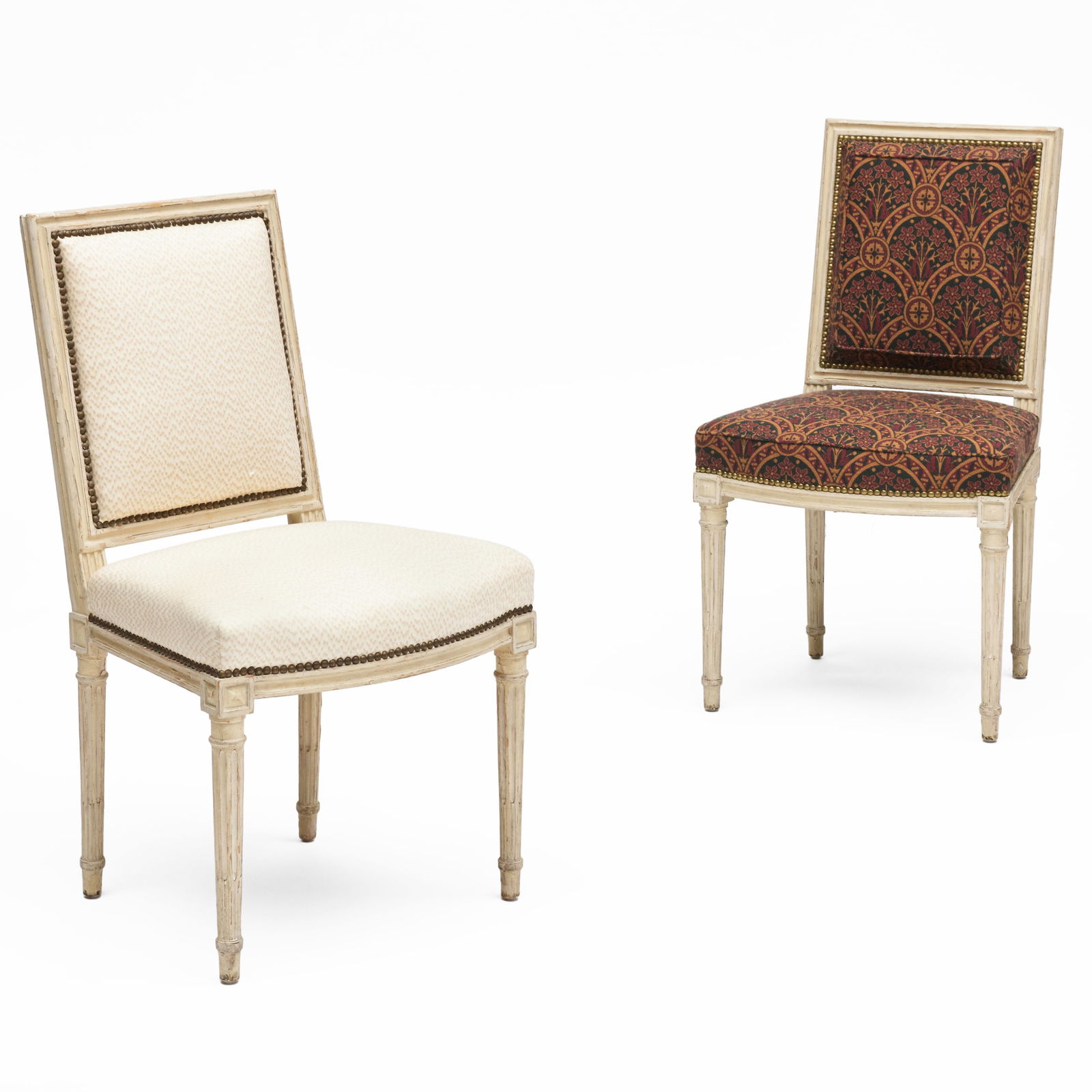 Pair of Louis XVI Style White-Painted Chaises a la Reine: Pair of Louis XVI Style White-Painted Chaises a la Reine Together with a matching fauteuil a la reine. The chaises, 35 x 19 1/2 x 21 in. Seat height 18 in. The fauteuil, 36 x 24 x 23 in. Seat height 1