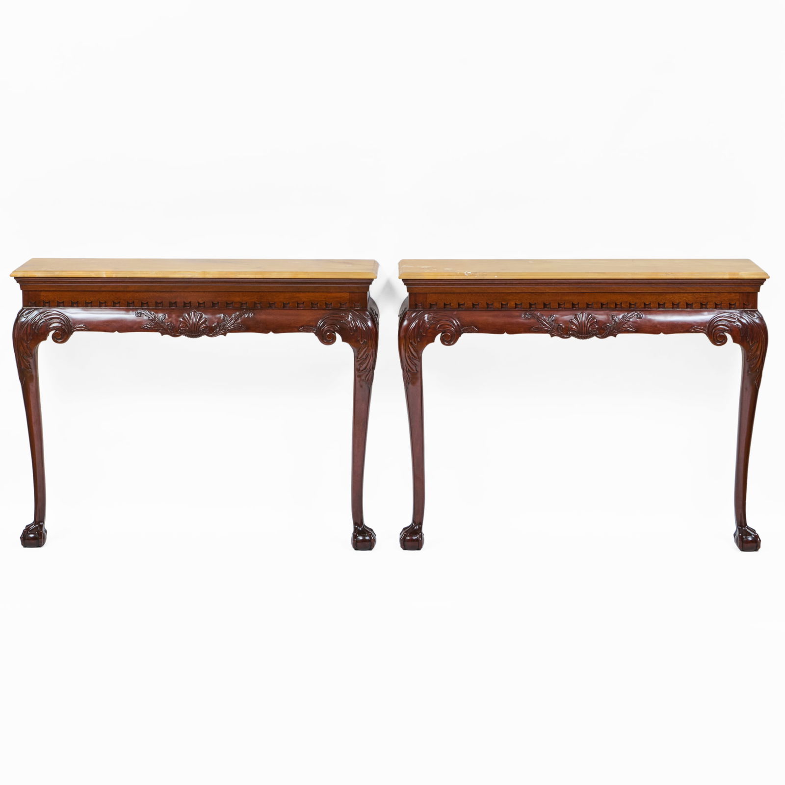 Pair of George III Style Mahogany and Marble Console Tables, Custom Made: Pair of George III Style Mahogany and Marble Console Tables, Custom Made 35 1/2 x 45 x 12 in. Property from a Fifth Avenue Penthouse.