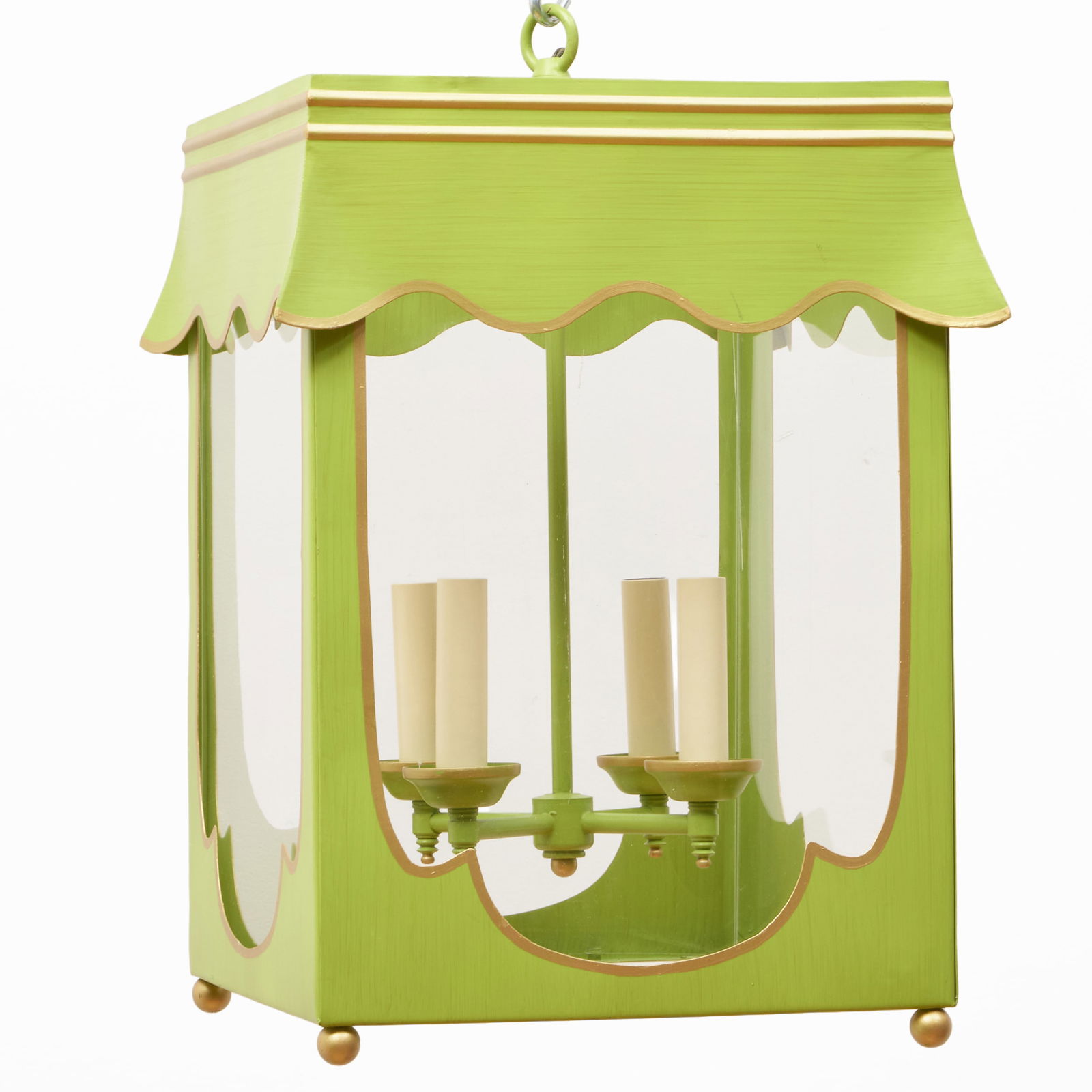 Green Painted and Parcel-Gilt Tole Four-Light Lantern, Modern (1 of 6)