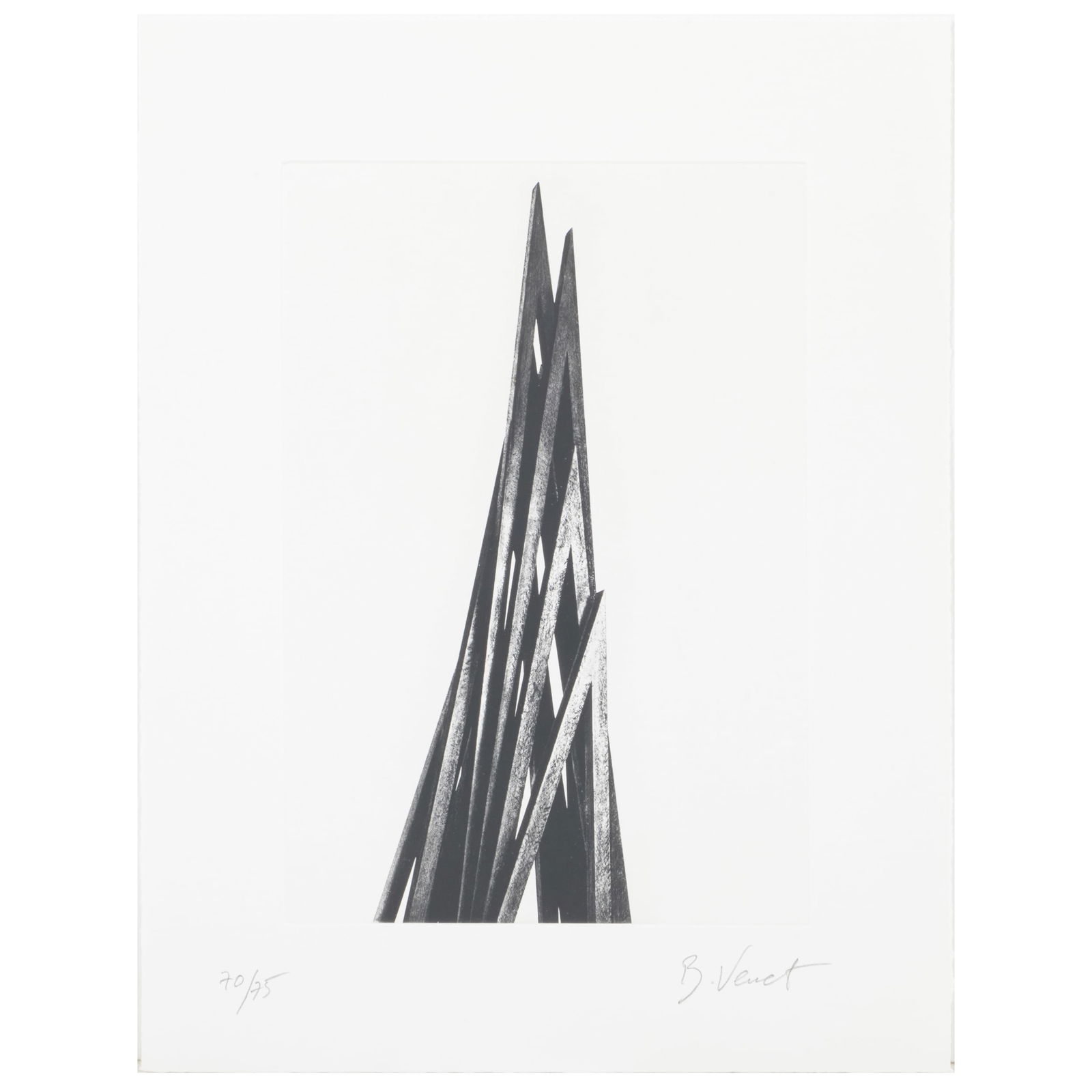 Bernar Venet (b. 1941): Acute Uneven Angles (small): Bernar Venet (b. 1941): Acute Uneven Angles (small) Etching in black on wove paper, 2016, signed in pencil, numbered 70/75. 14 3/4 x 11 1/2 in. (sheet), unframed. The Collection of Joel Shapiro.