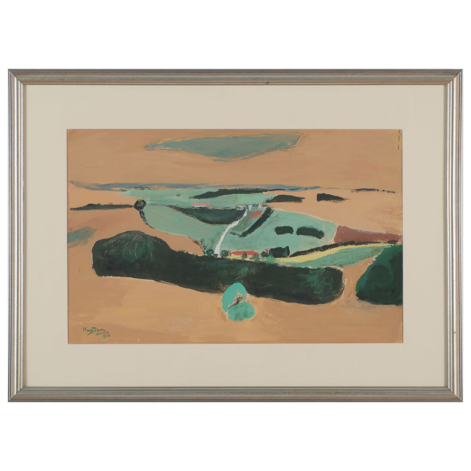 Henry Hayden (1883-1970): Les Champs au Dinion: Henry Hayden (1883-1970): Les Champs au Dinion Gouache on paper mounted on paperboard, 1960, signed 'Hayden' and dated lower left, titled on the reverse. 13 x 20 in., 19 1/2 x 26 1/2 in. (frame). Coll