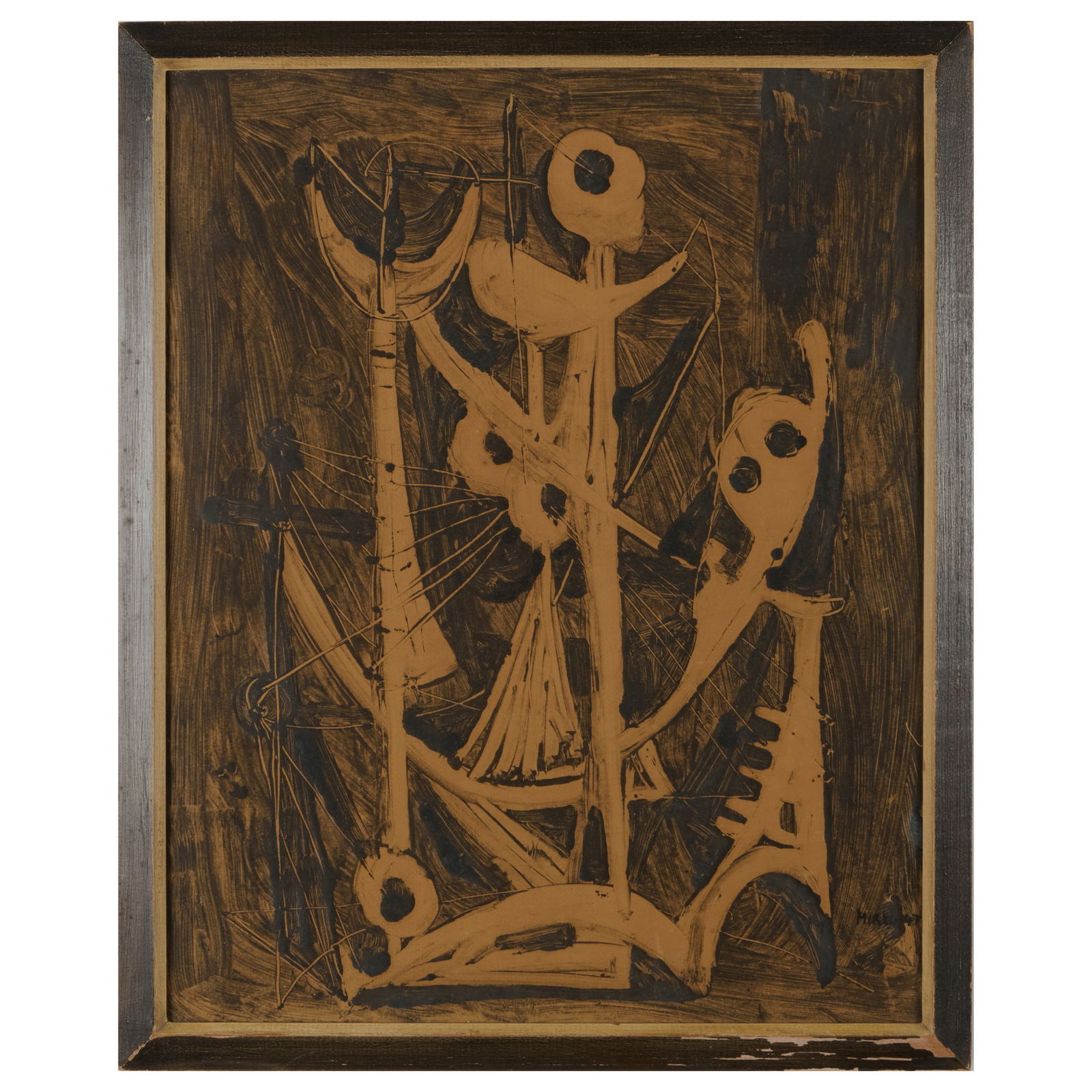 Mirko (1910-1969): Untitled: Mirko (1910-1969): Untitled Gouache and ink on paper mounted on burlap, 1947, signed 'Mirko' and dated lower right. 21 1/2 x 17 in. (sheet), 24 x 19 1/2 in. (frame). By repute, Catherine Viviano Galle