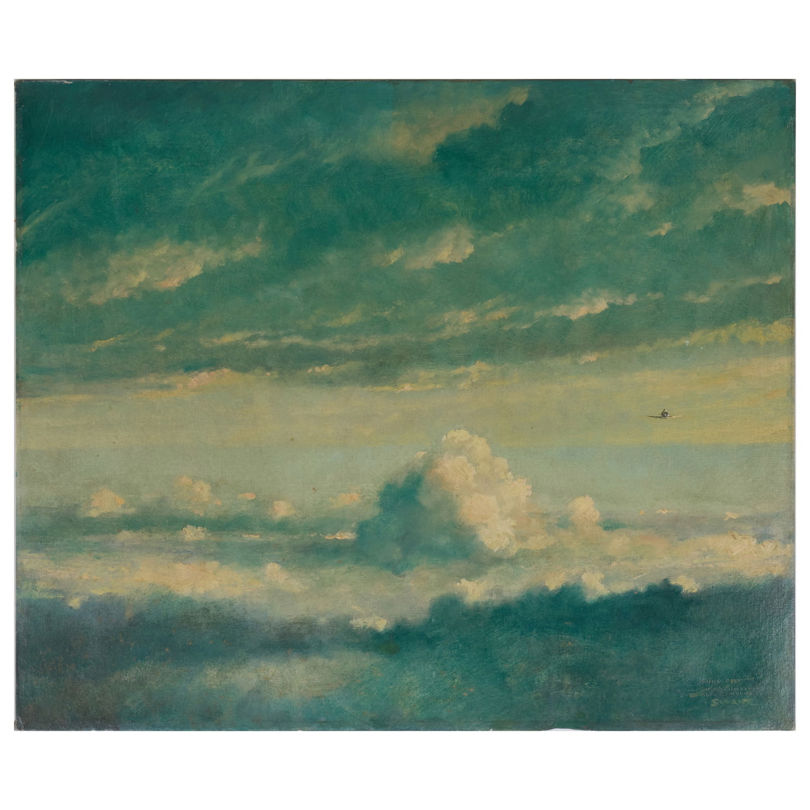 Attributed to Eric Sloane (c.1905-1985): 15,000 Feet, Cirrocumulus Over Altocumulus: Attributed to Eric Sloane (c.1905-1985): 15,000 Feet, Cirrocumulus Over Altocumulus Oil on canvasboard, signed 'Sloane' and titled lower right. 24 7/8 x 29 3/4 in., unframed. Sold Rose Hill Auctions,