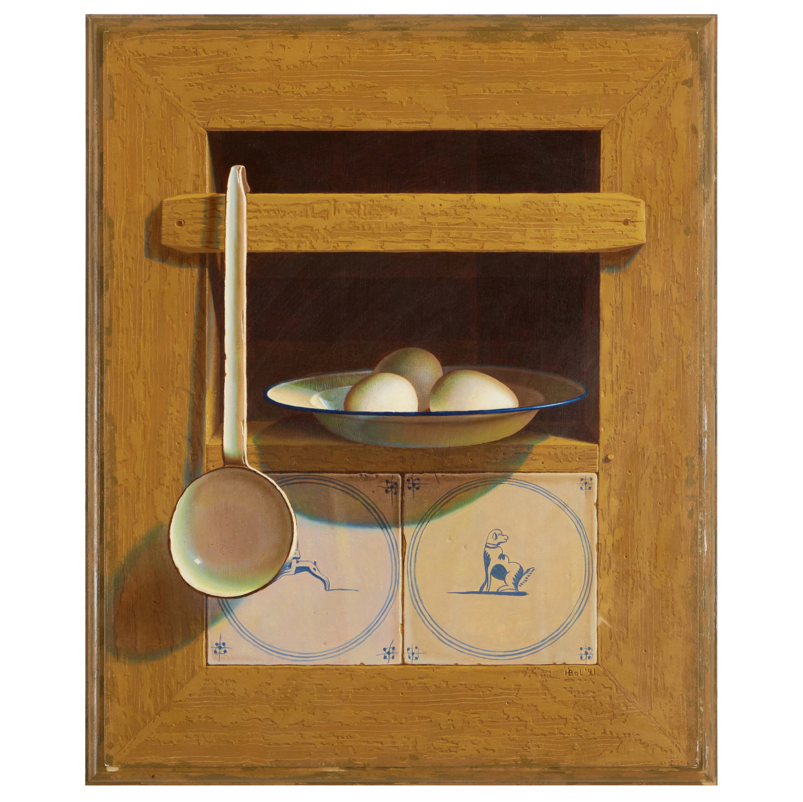 Henri Bol (1945-2000): Trompe L'oeil Still Life: Henri Bol (1945-2000): Trompe L'oeil Still Life Oil on board, 1991, signed 'HBol' and dated lower right. 20 3/4 x 17 in. (with painted frame).