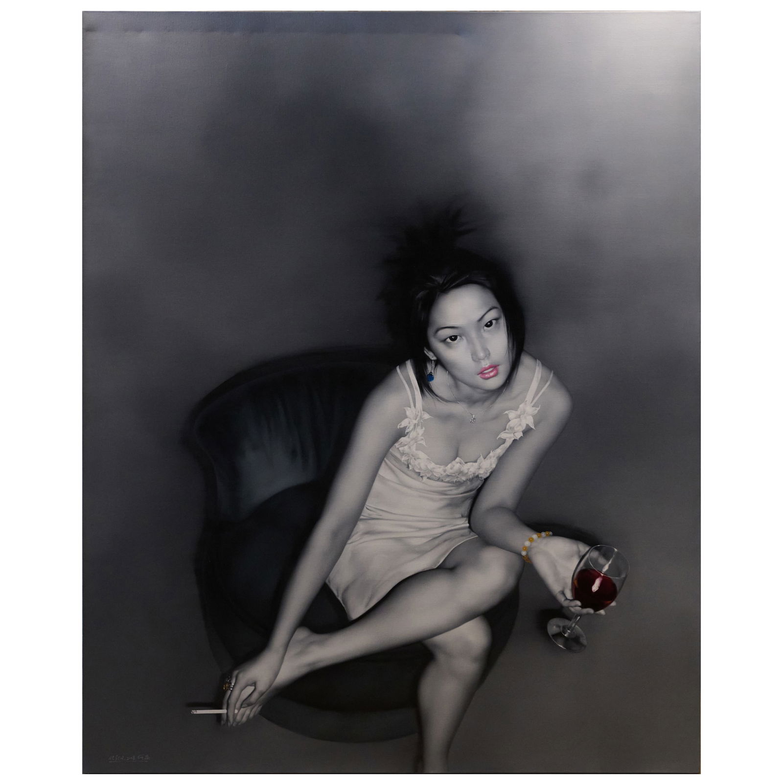 He Sen (b. 1968): What Do You Want to Say: He Sen (b. 1968): What Do You Want to Say Oil on linen, 2008, signed 'He Sen' and dated lower right, signed, titled and dated on the reverse. 98 1/2 x 78 3/4 in., unframed.