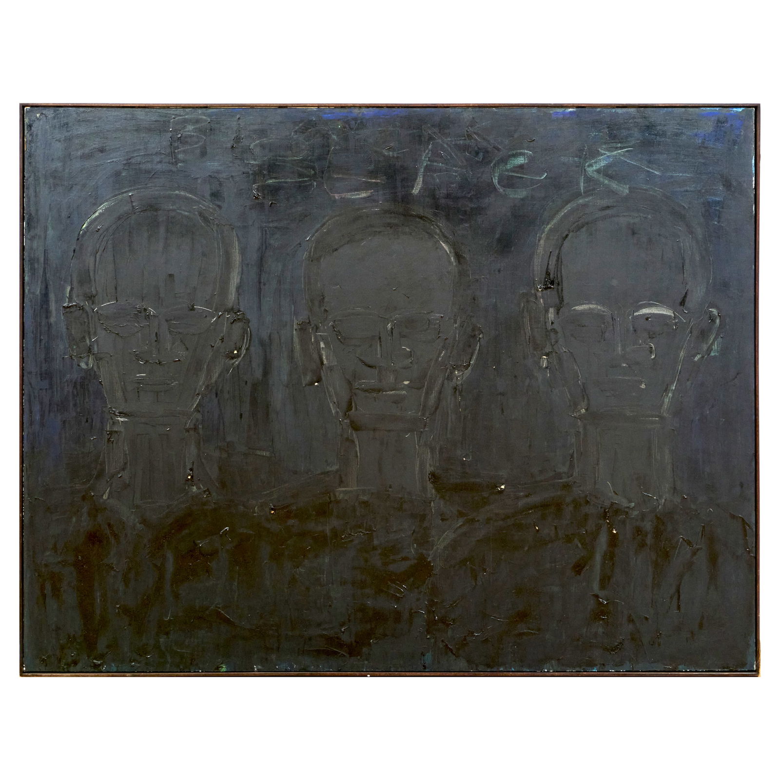 Lester F. Johnson (1919-2010): Three Heads, Black Printed: Lester F. Johnson (1919-2010): Three Heads, Black Printed Oil on canvas, 1962, signed 'Lester Johnson' and dated on the reverse, with label from The Museum of Modern Art, New York. 60 1/2 x 78 1/2 in.