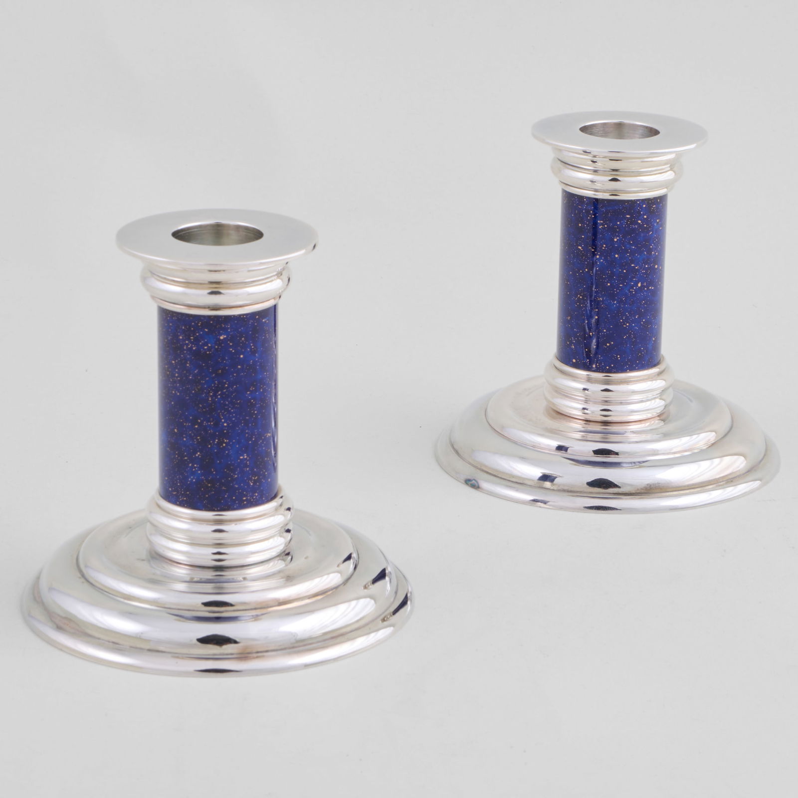 Pair of Puiforcat Silver Plate and Enamel Candlesticks: Pair of Puiforcat Silver Plate and Enamel Candlesticks 4 x 4 in. diam.