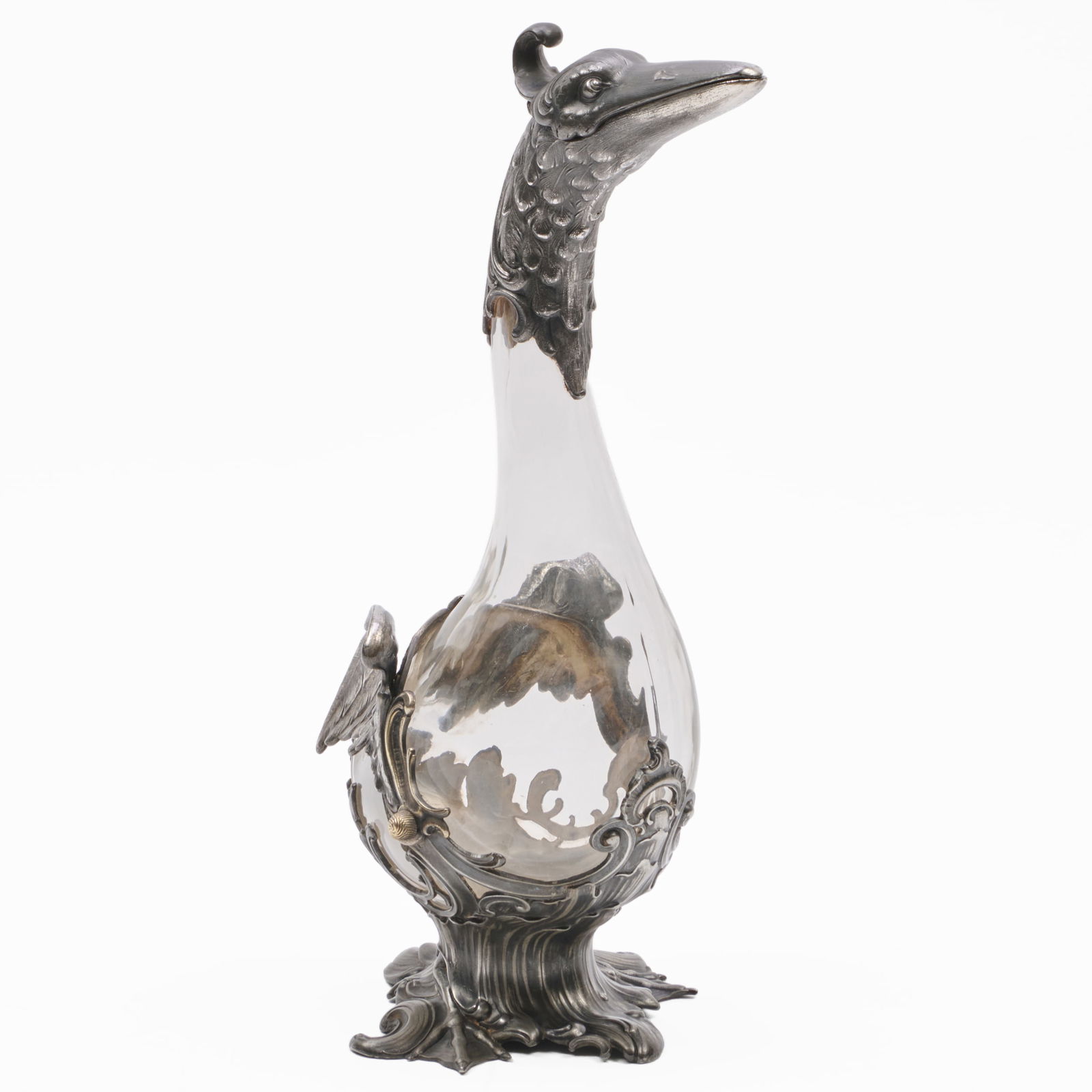 WMF Pewter Mounted Glass Bird Form Ewer: WMF Pewter Mounted Glass Bird Form Ewer Stamped 'WMFB' and with numbers. 14 x 7 x 5 1/2 in. The Collection of James M. Labaugh Antiques, Pound Ridge, NY.