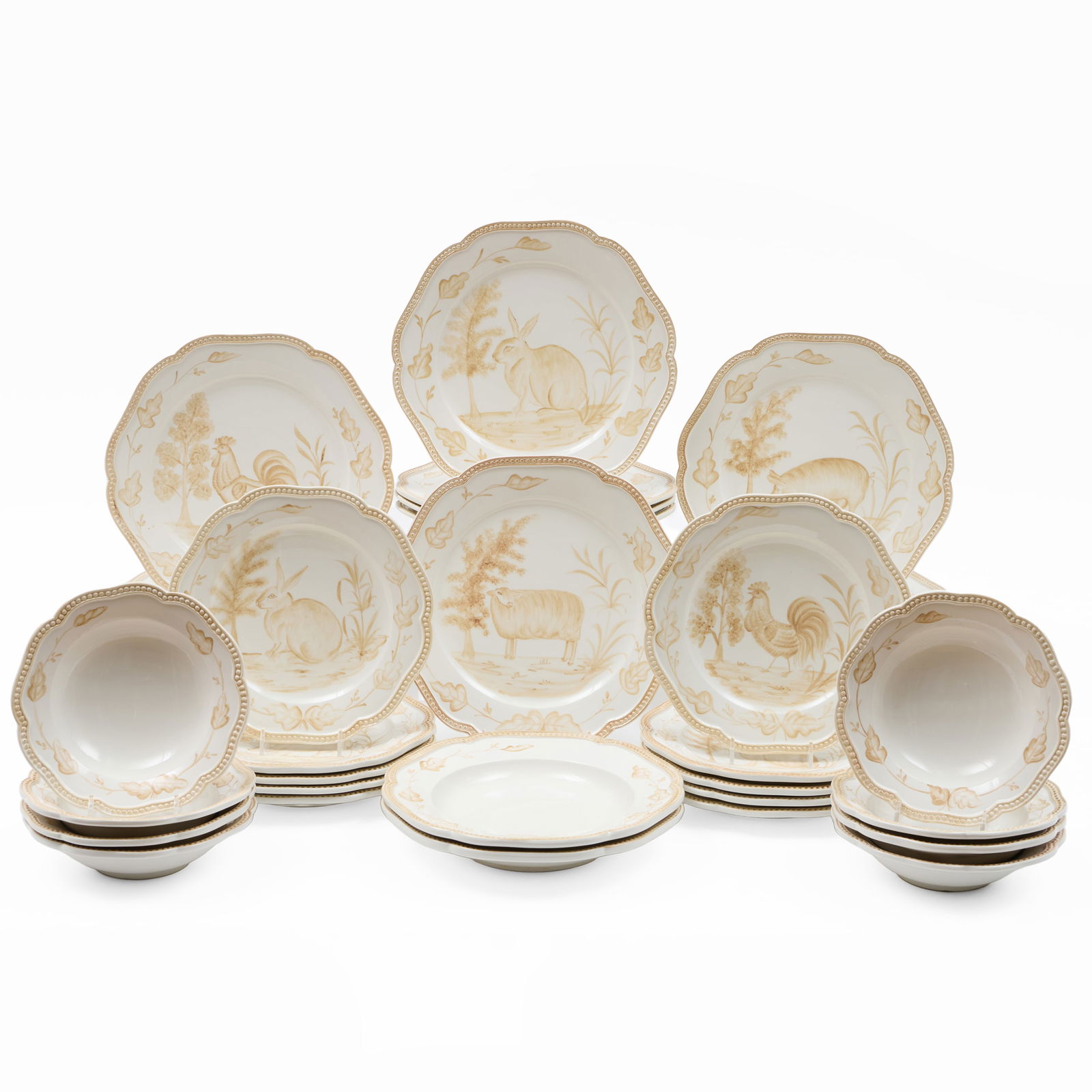 The Mane Lion Sepia Decorated Ceramic Part Service Decorated with Farm Animals: The Mane Lion Sepia Decorated Ceramic Part Service Decorated with Farm Animals Printed marks. Comprising: Thirteen dinner plates Ten salad plates Two soup plates Eight soup bowls The dinner plates 10