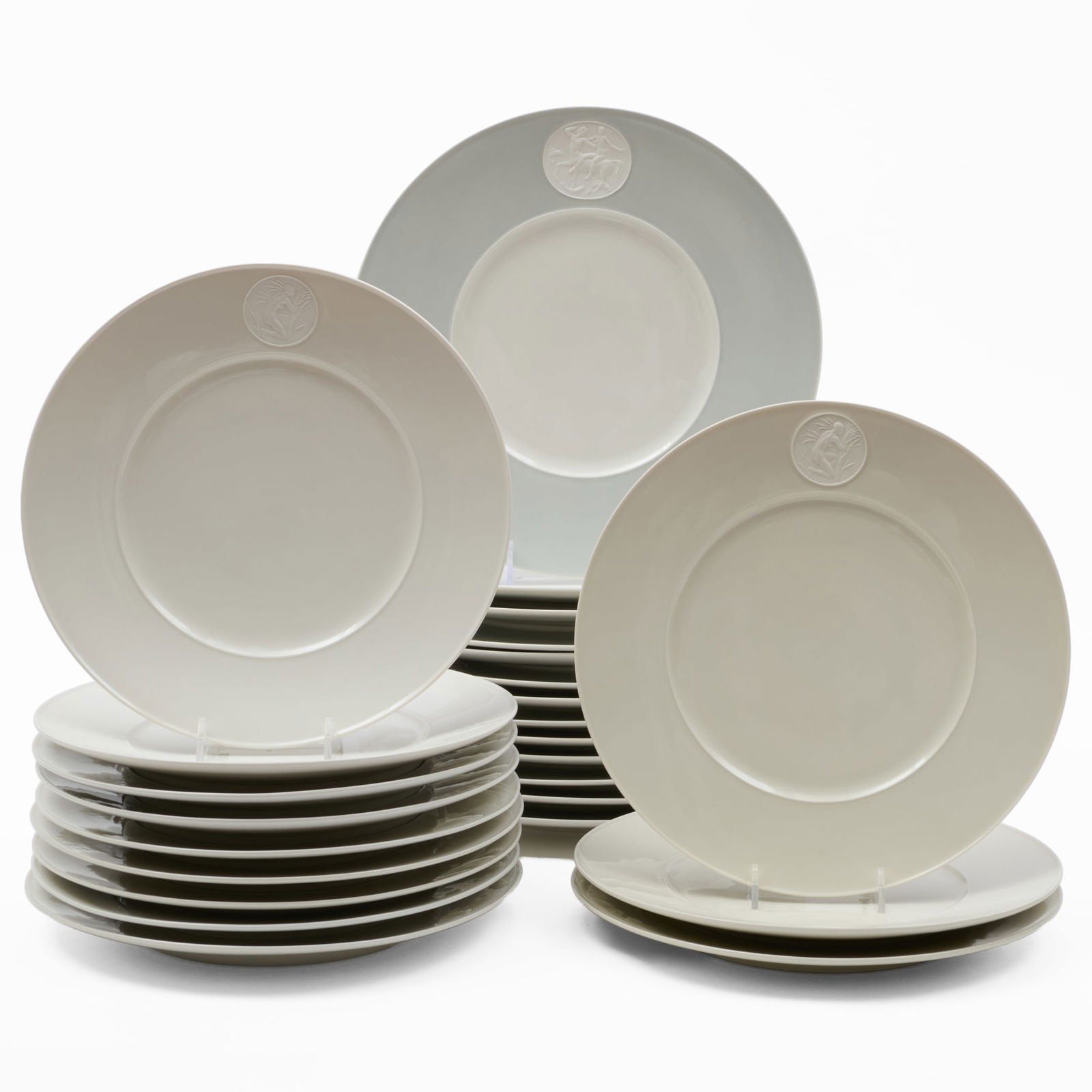 KPM Porcelain Part Service in the 'Arkadia' Pattern: KPM Porcelain Part Service in the 'Arkadia' Pattern Blue painted and red printed mark. Comprising: Thirteen dinner plates with a light grey border Twelve lunch plates with a white border The dinner pl