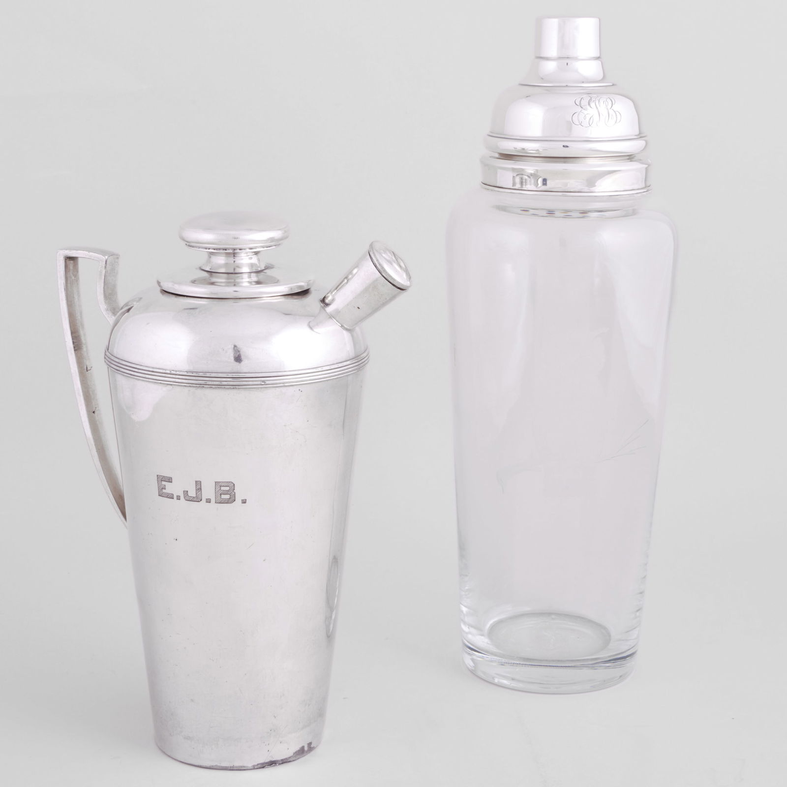 American Silver Mounted Glass Cocktail Shaker Etched with Owl and a Silver Plate Cocktail Shaker (1 of 14)